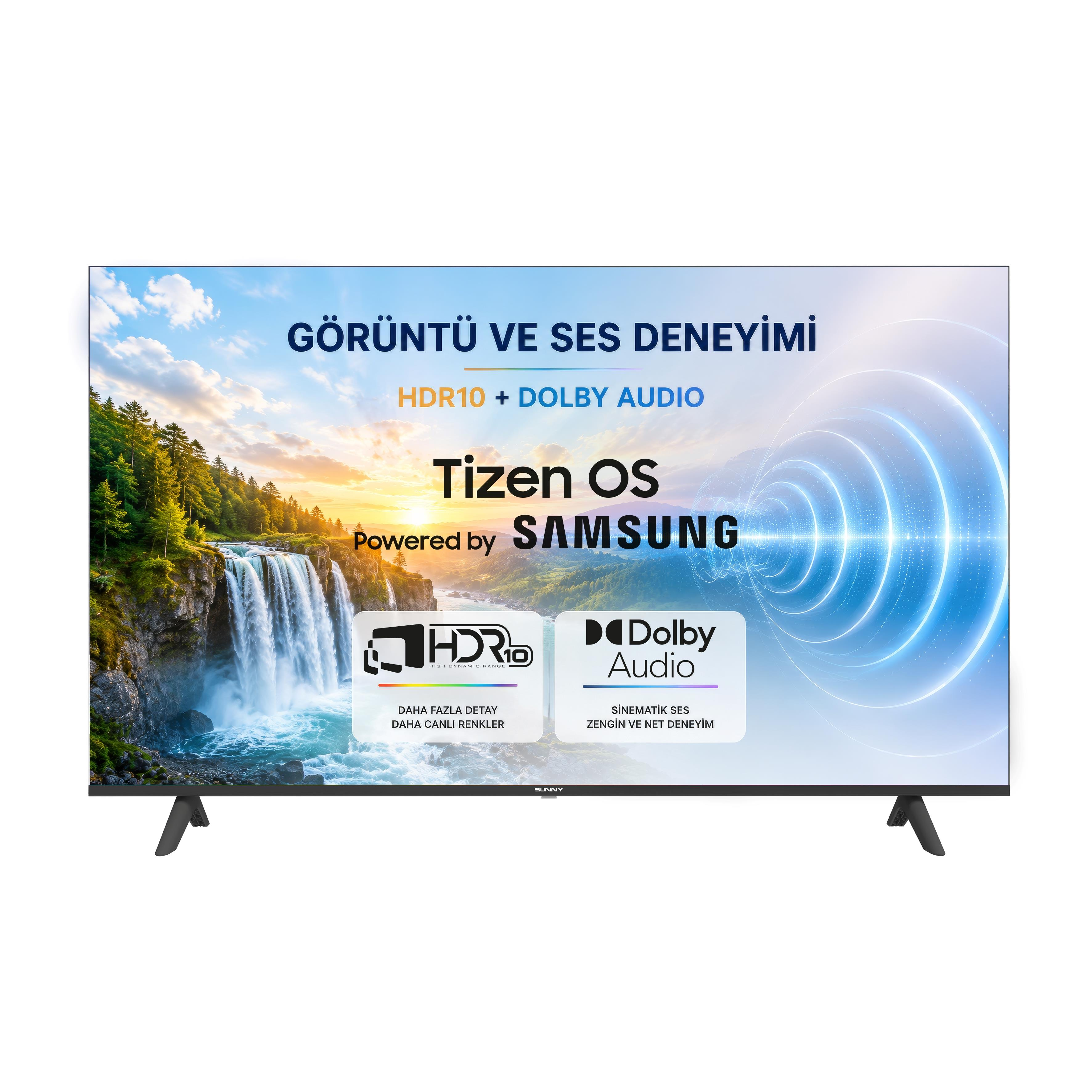Tizen OS'li televizyon, beyaz arkaplanda şelale manzarası, HDR10 ve Dolby Audio logolarını gösteriyor.