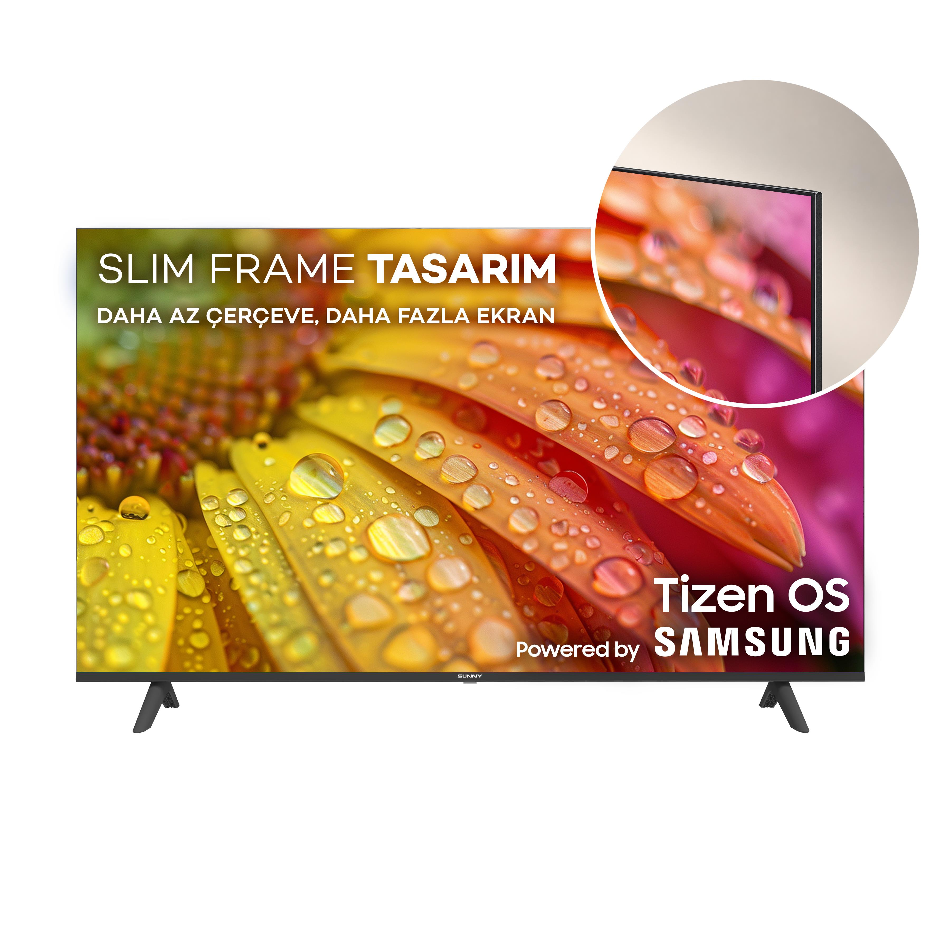 Üzerinde çiçek ve su damlaları olan düz ekran TV, Tizen OS ve ince çerçeve tasarımı.