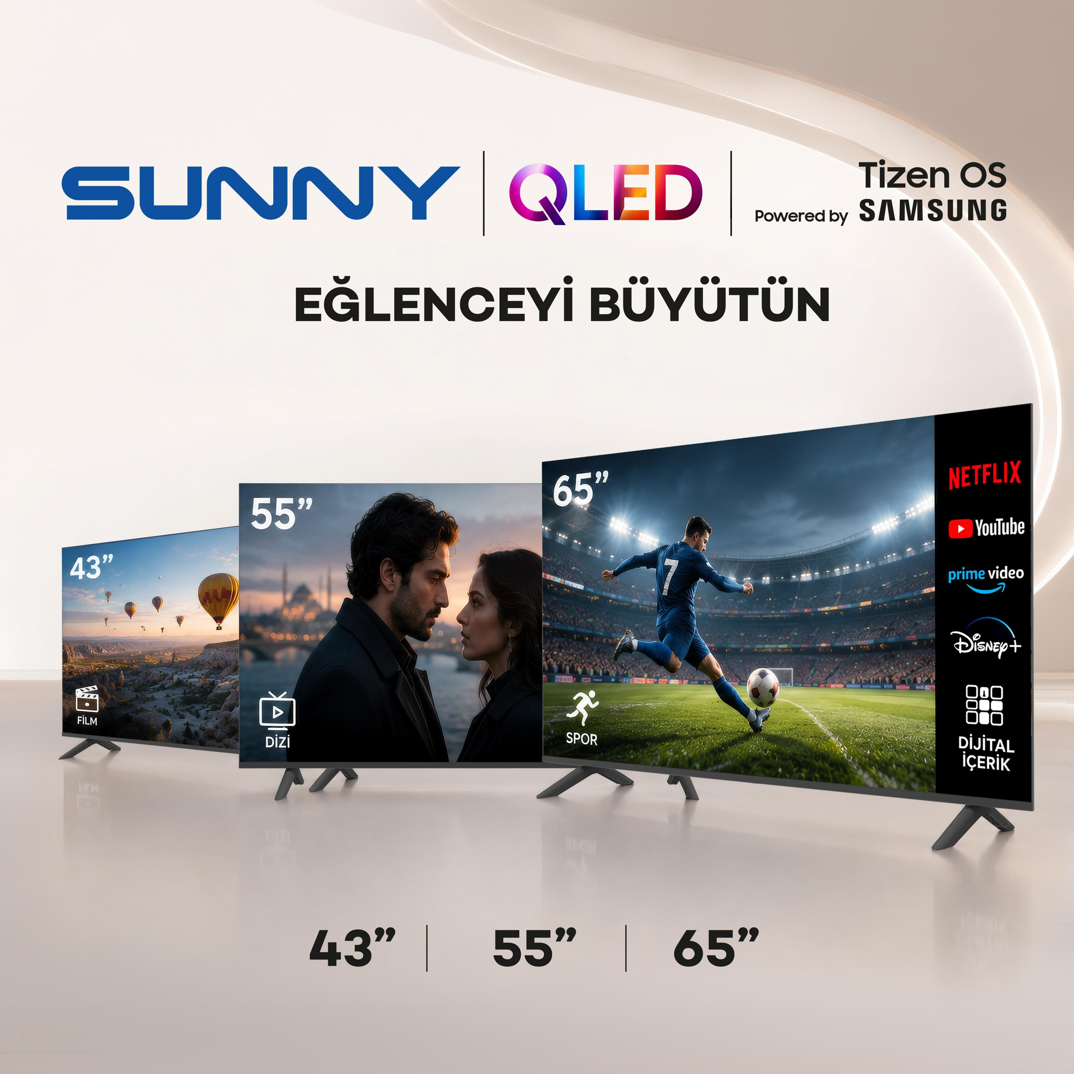 43, 55 ve 65 inç boyutlarında üç Sunny QLED televizyon çeşitli içerikler gösteriyor.