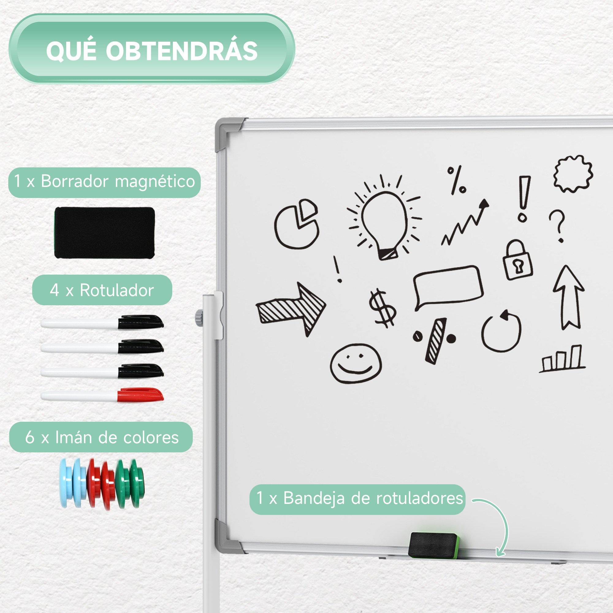Pizarra blanca con dibujos, borrador, cuatro rotuladores, seis imanes y una bandeja.