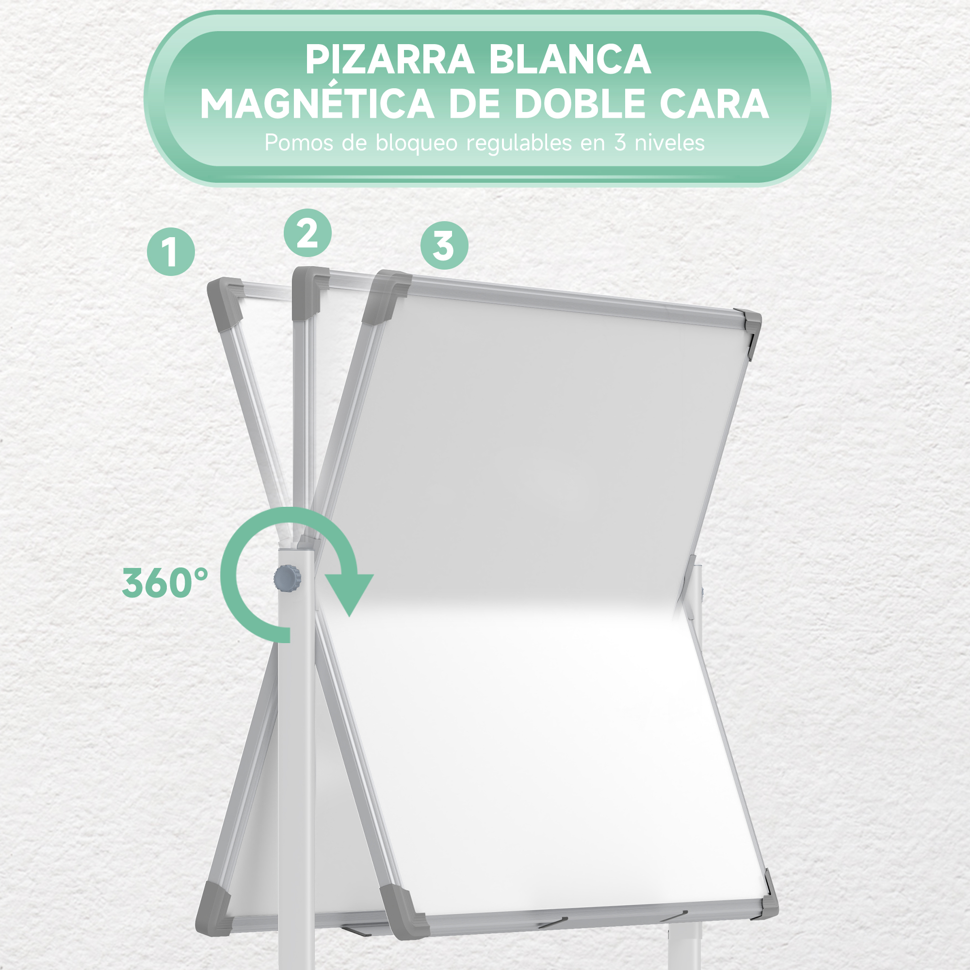 Una pizarra blanca magnética giratoria con tres posiciones ajustables contra una pared gris.