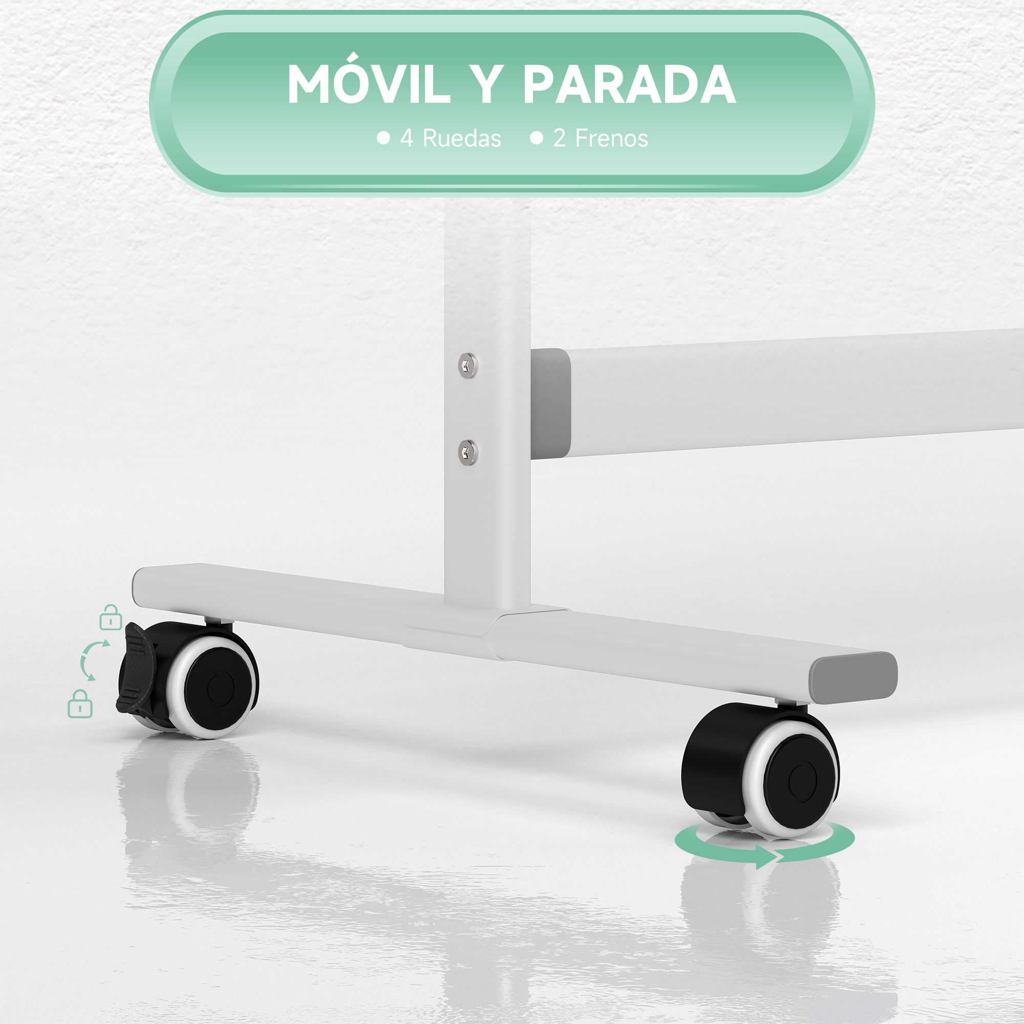 Patas de mesa blancas con cuatro ruedas, dos con frenos, sobre fondo claro.
