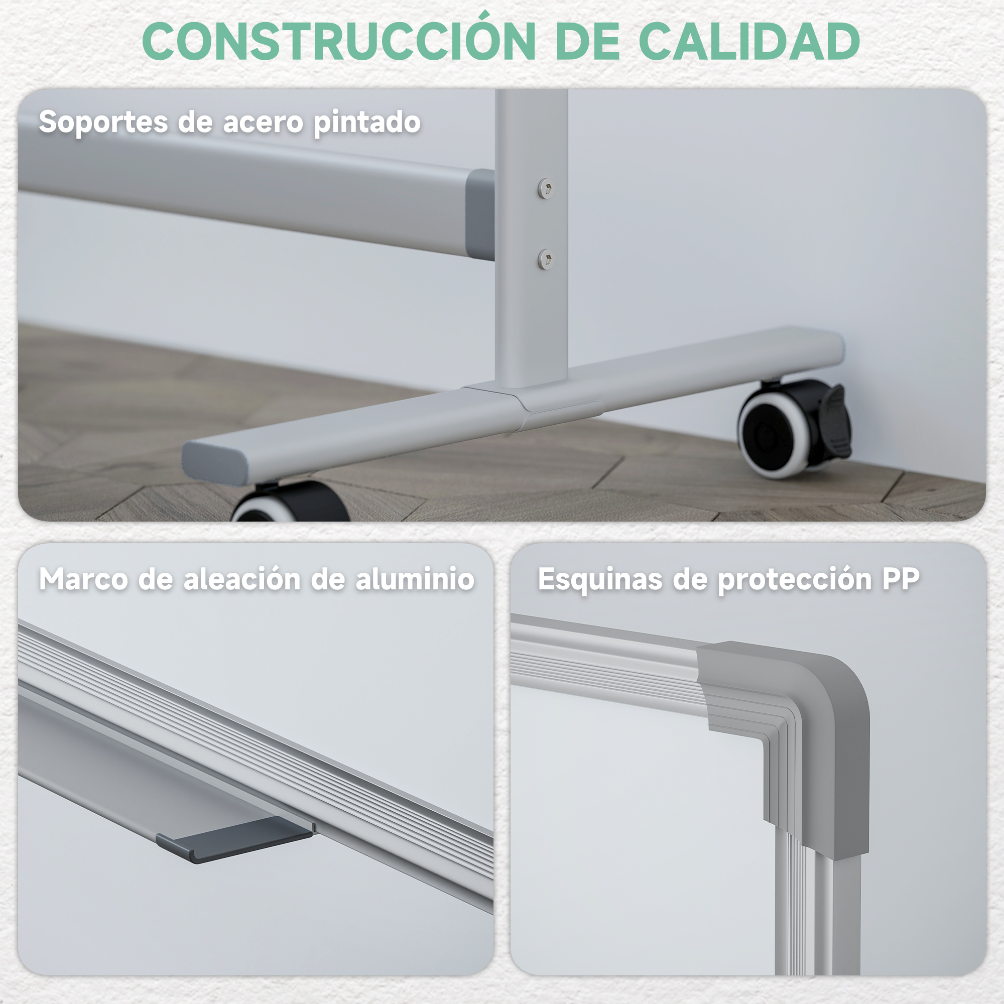 Detalles muestran soportes de acero pintado, marco de aluminio y esquinas de PP.