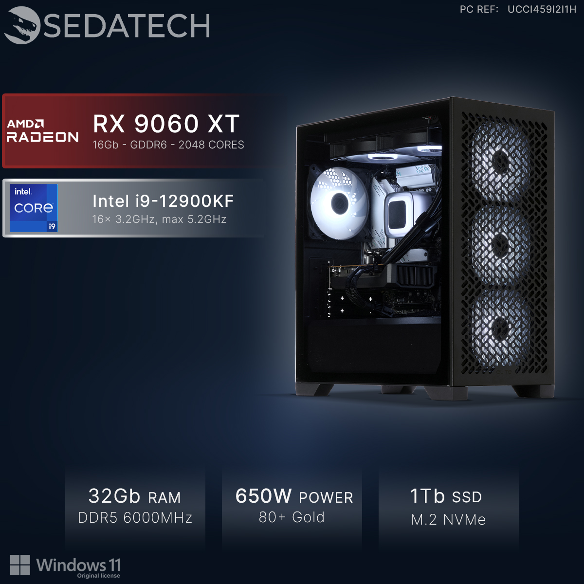 Sedatech PC mit Intel i9-12900KF, RX 9060 XT, 32 GB RAM, 1 TB SSD und Windows 11 in einem schwarzen Gehäuse.