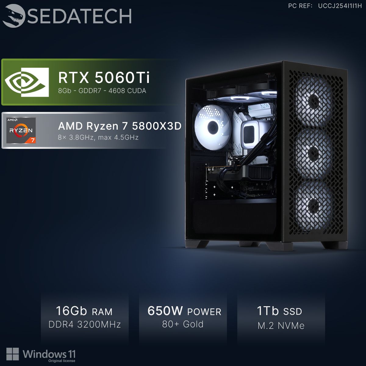 Sedatech Gaming-PC mit RTX 5060Ti, Ryzen 7 5800X3D, 16 GB RAM und weiß leuchtenden Lüftern in einem schwarzen Gehäuse.