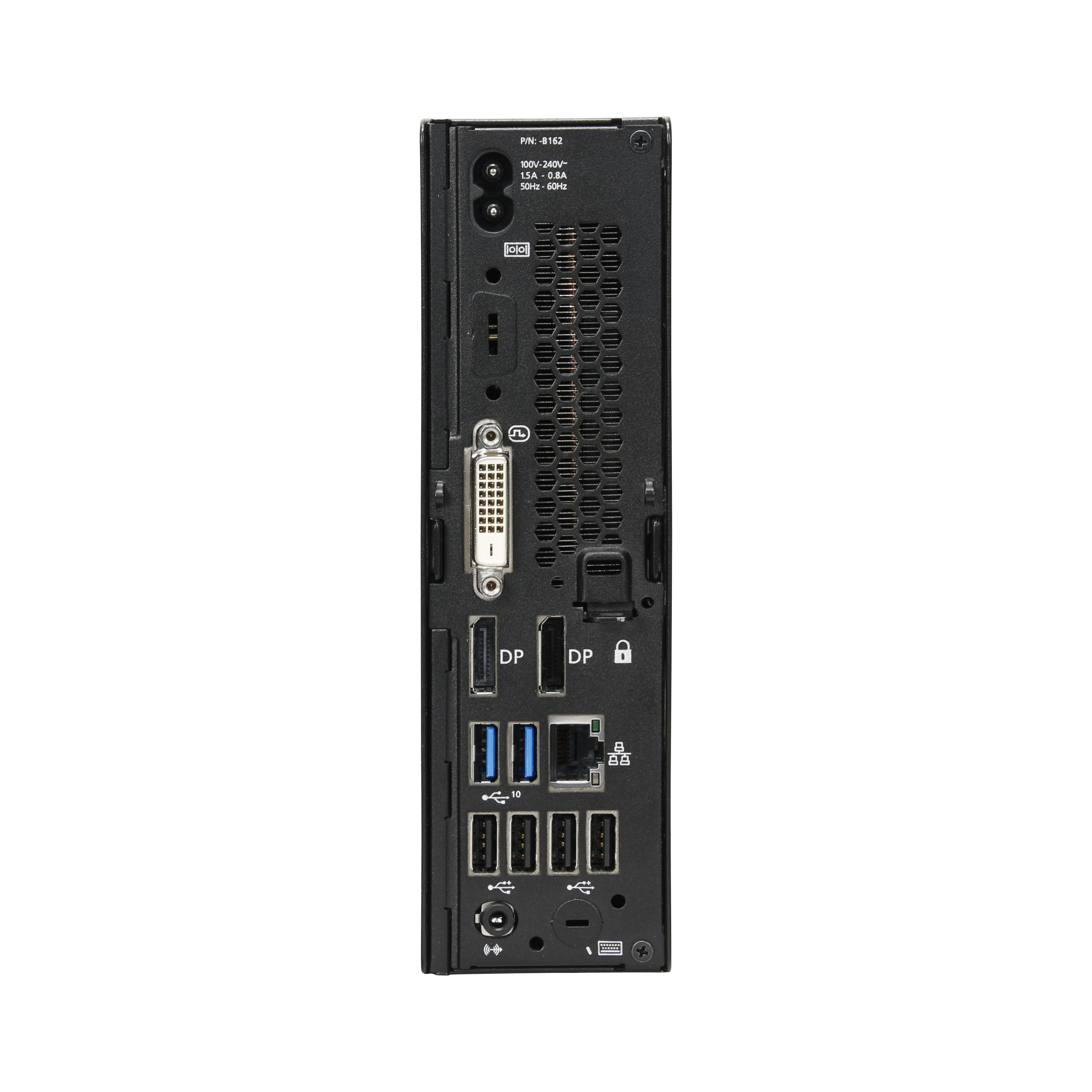 Rückseite eines schwarzen Mini-PCs mit verschiedenen Anschlüssen wie USB, DisplayPort, DVI und Netzteil.