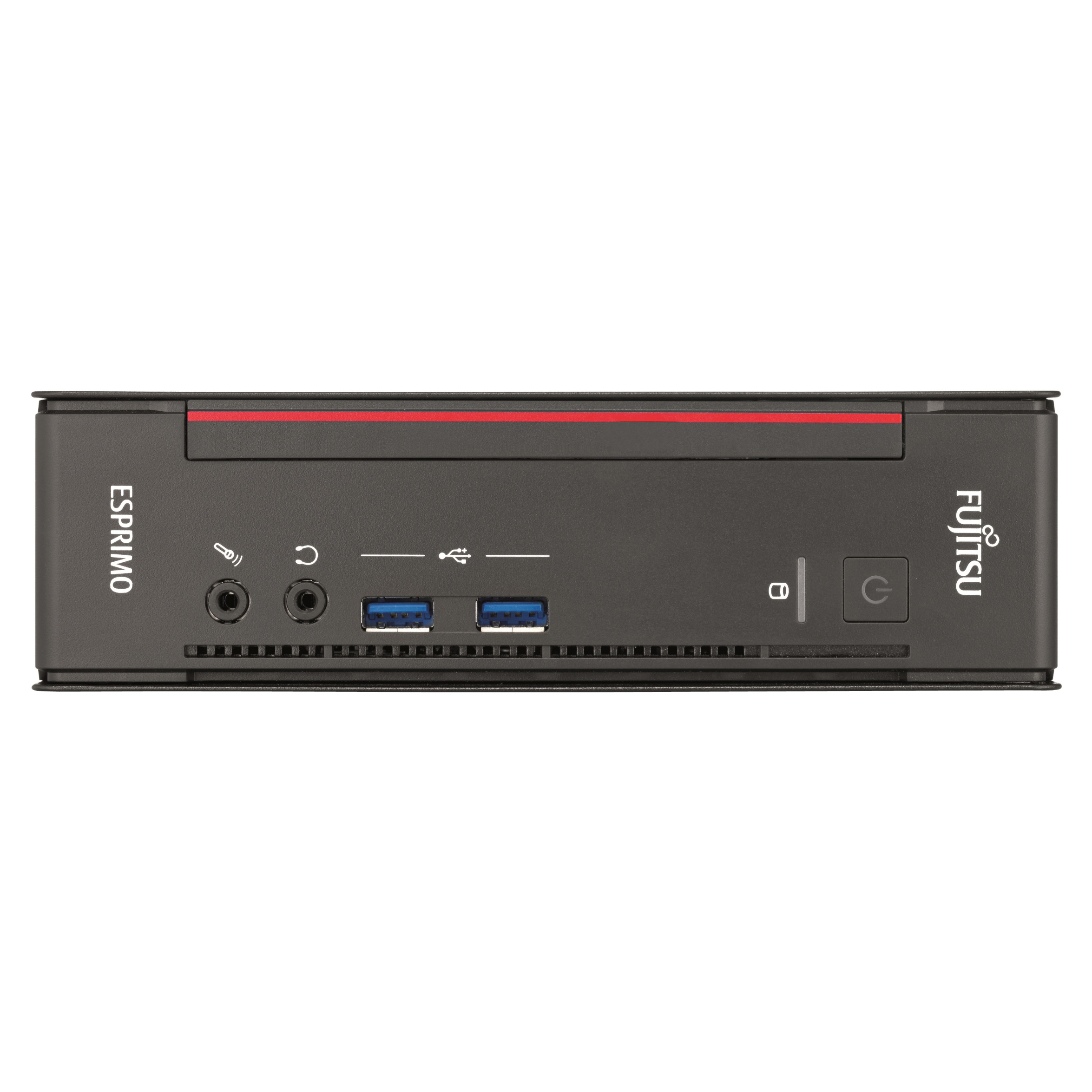 Vorderseite eines schwarzen Fujitsu Esprimo Mini-PCs mit Anschlüssen, Ein-Aus-Schalter und Markenlogos.