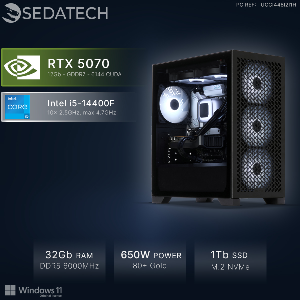 Sedatech PC mit RTX 5070, Intel i5-14400F, 32GB RAM und schwarzem Tower.