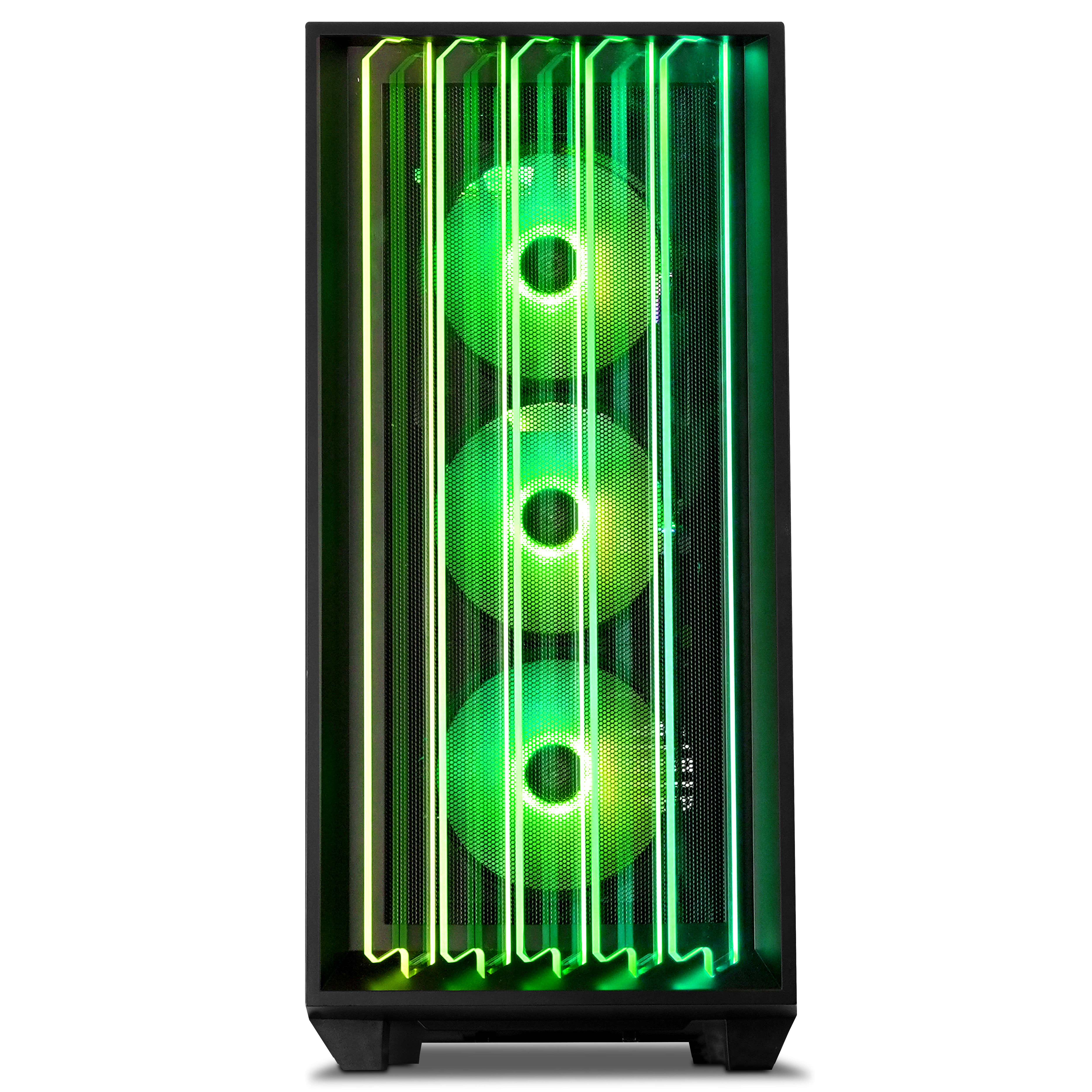 Gabinete de PC negro con tiras LED verdes verticales y tres ventiladores iluminados sobre fondo blanco.