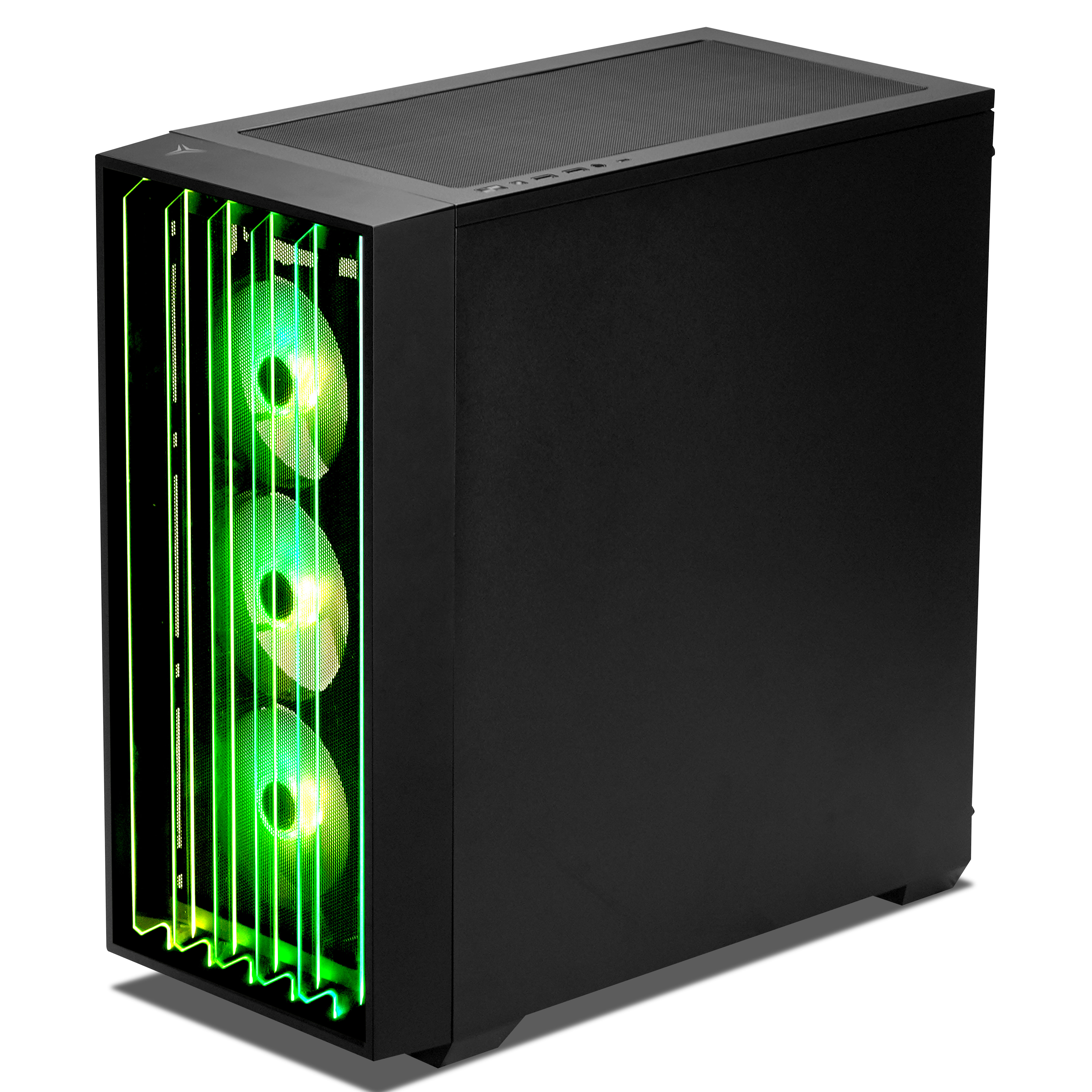 Torre de PC negra con rayas verticales y ventiladores iluminados con LED verde brillante.