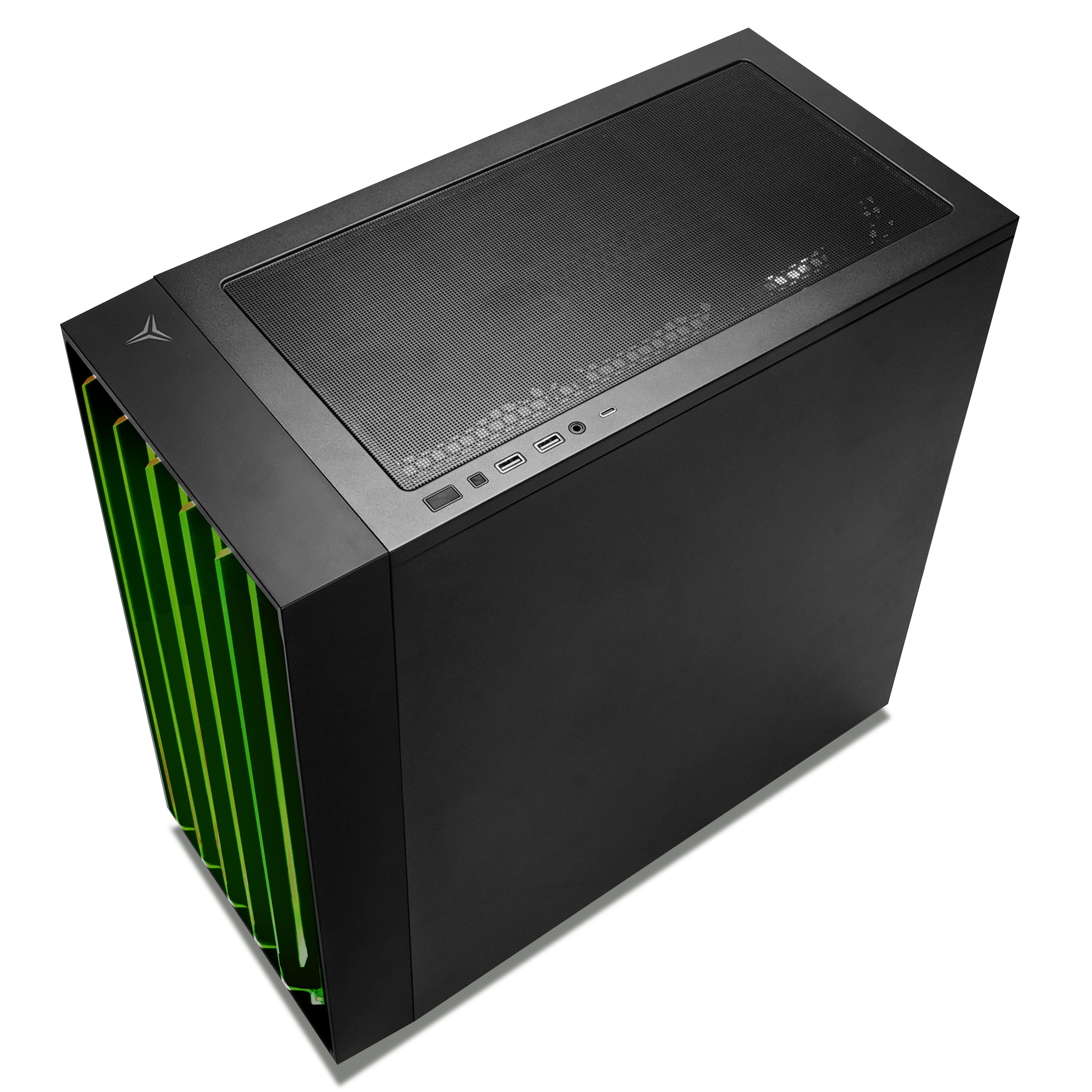 Gabinete de PC negro con parte superior de malla y aletas frontales verdes sobre fondo blanco.