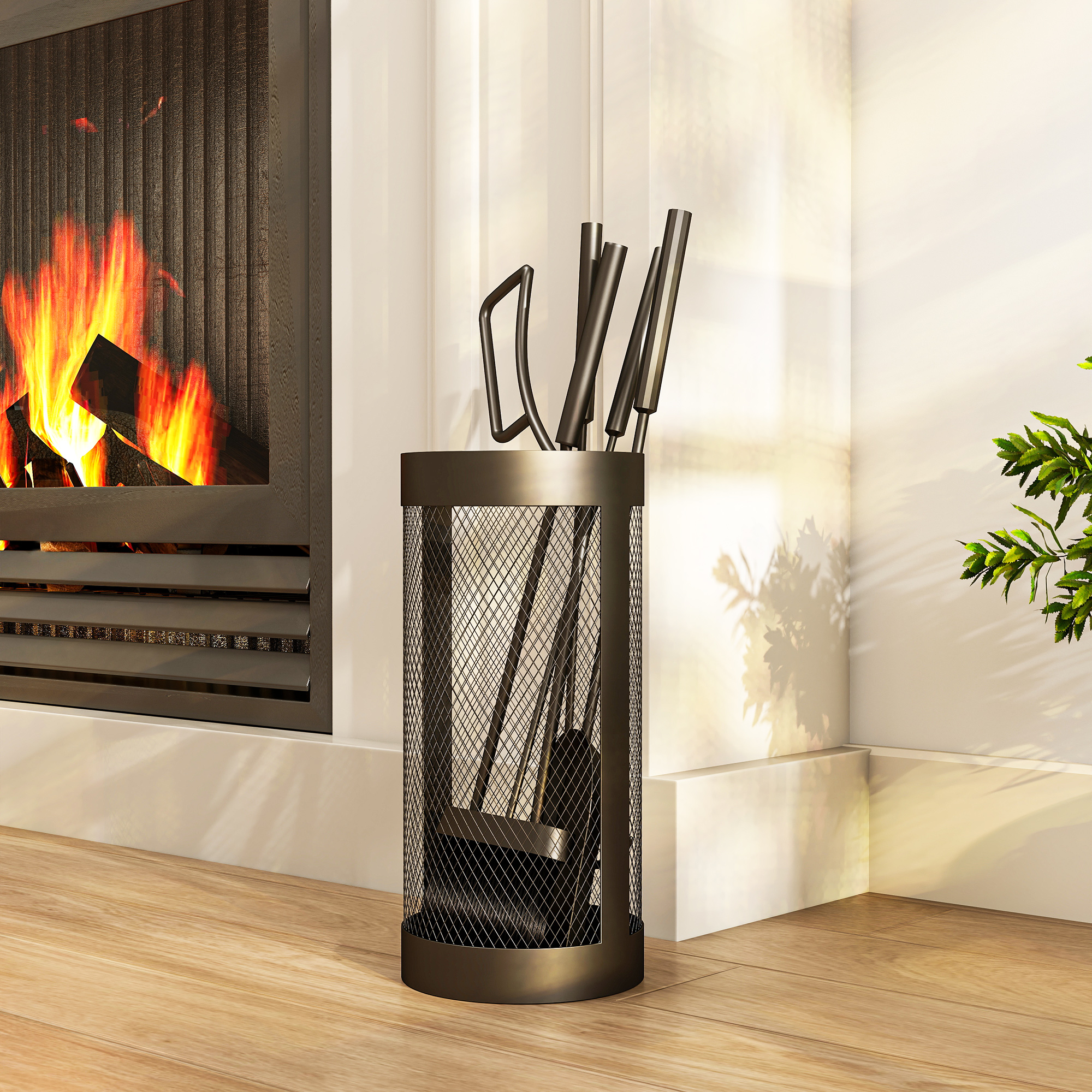 Un soporte de malla metálica para chimenea con herramientas al lado de una chimenea encendida.