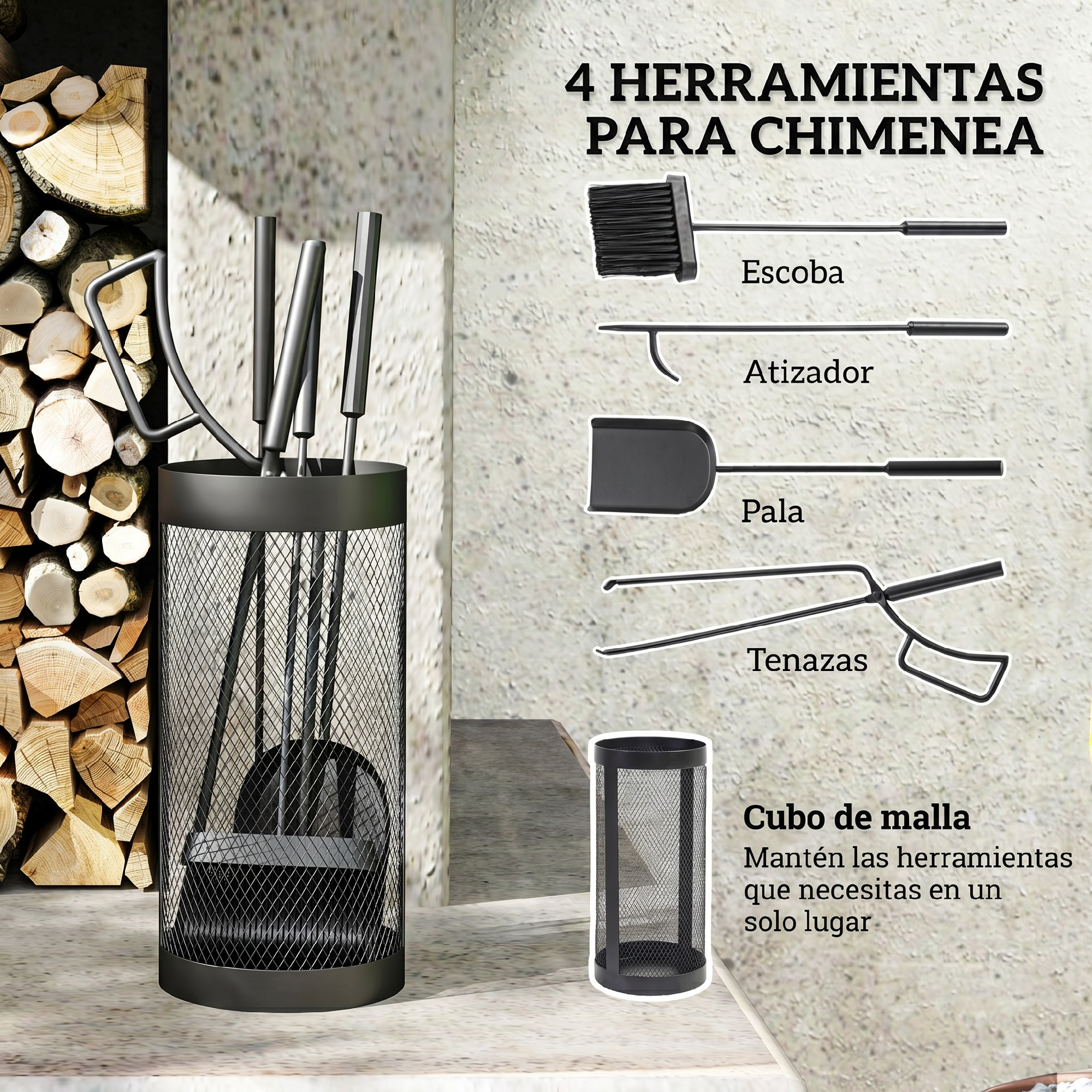 Un juego de cuatro herramientas negras para chimenea que incluye escoba, atizador, pala y tenazas.