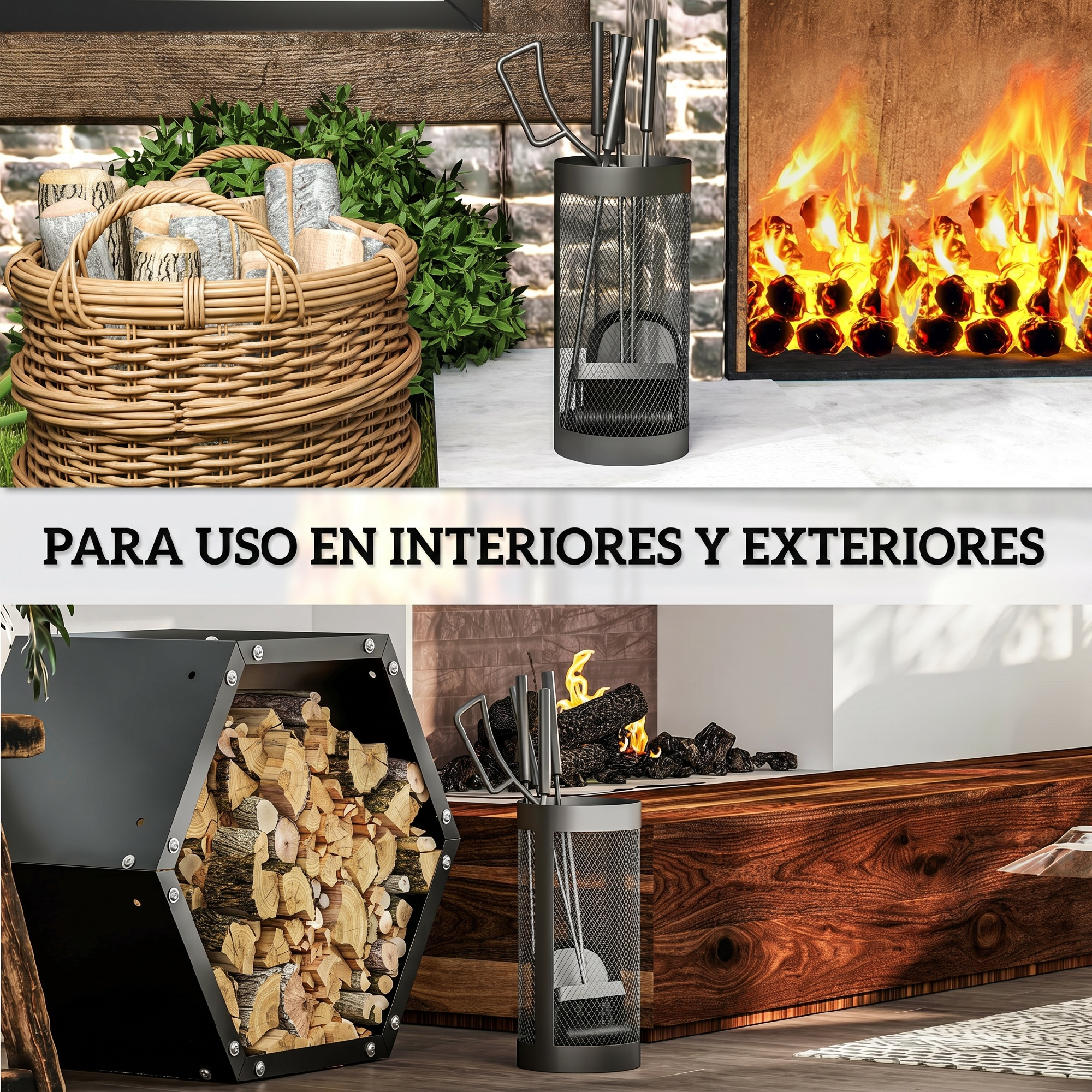 Soportes para leña y juego de herramientas para chimenea de interior y exterior con cesta de mimbre y fuego.