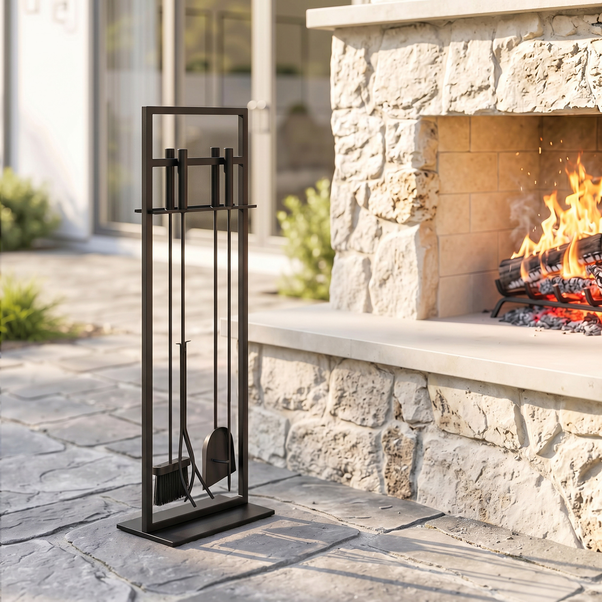 Juego de herramientas de chimenea negro sobre piedras grises junto a una chimenea exterior con fuego.