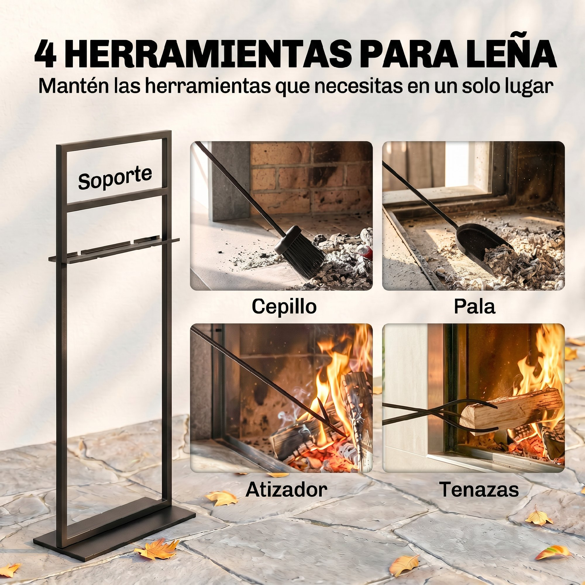 Un soporte para herramientas de chimenea con cuatro accesorios: cepillo, pala, atizador y tenazas.