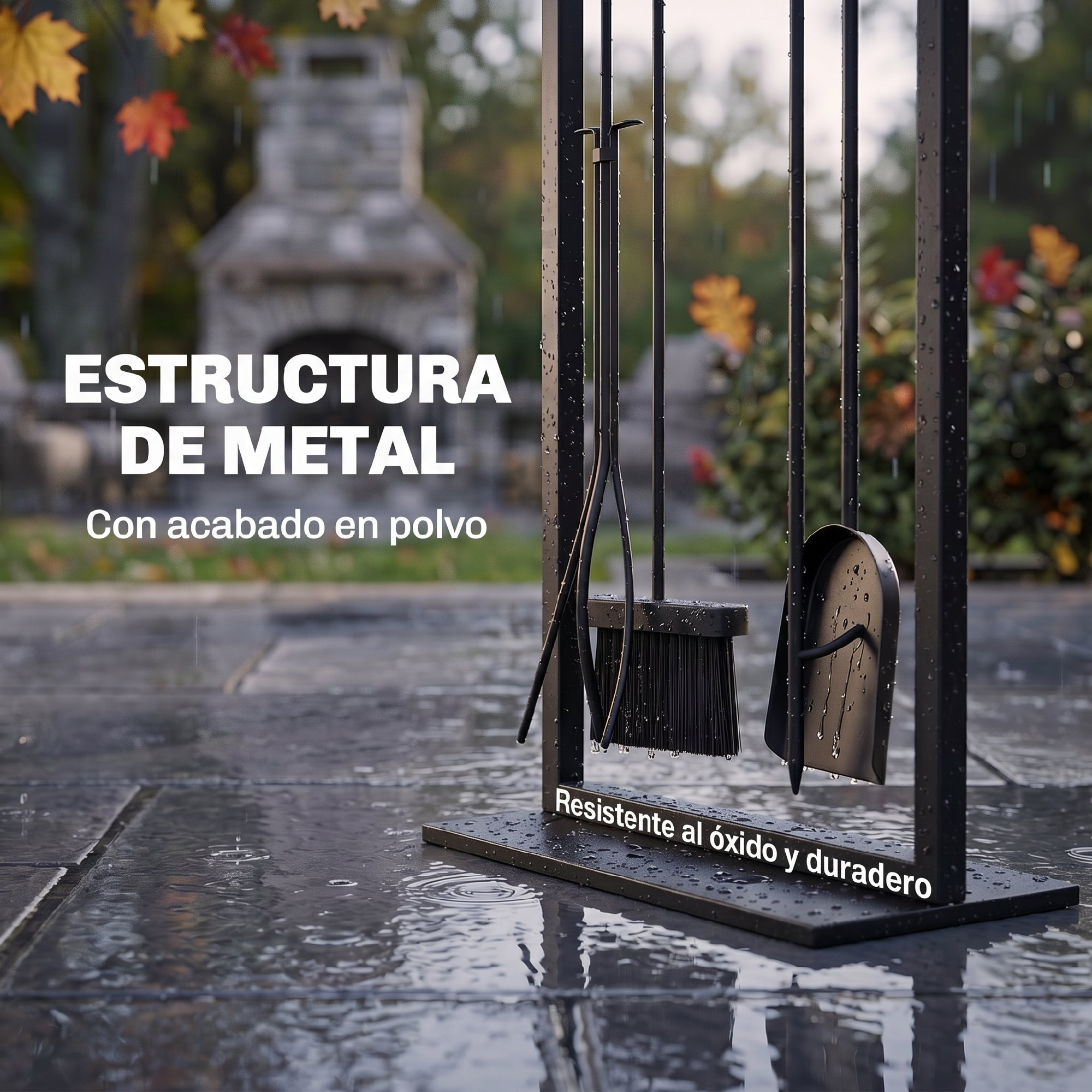 Set de herramientas de chimenea de metal negro sobre suelo de piedra mojada, con chimenea al fondo.