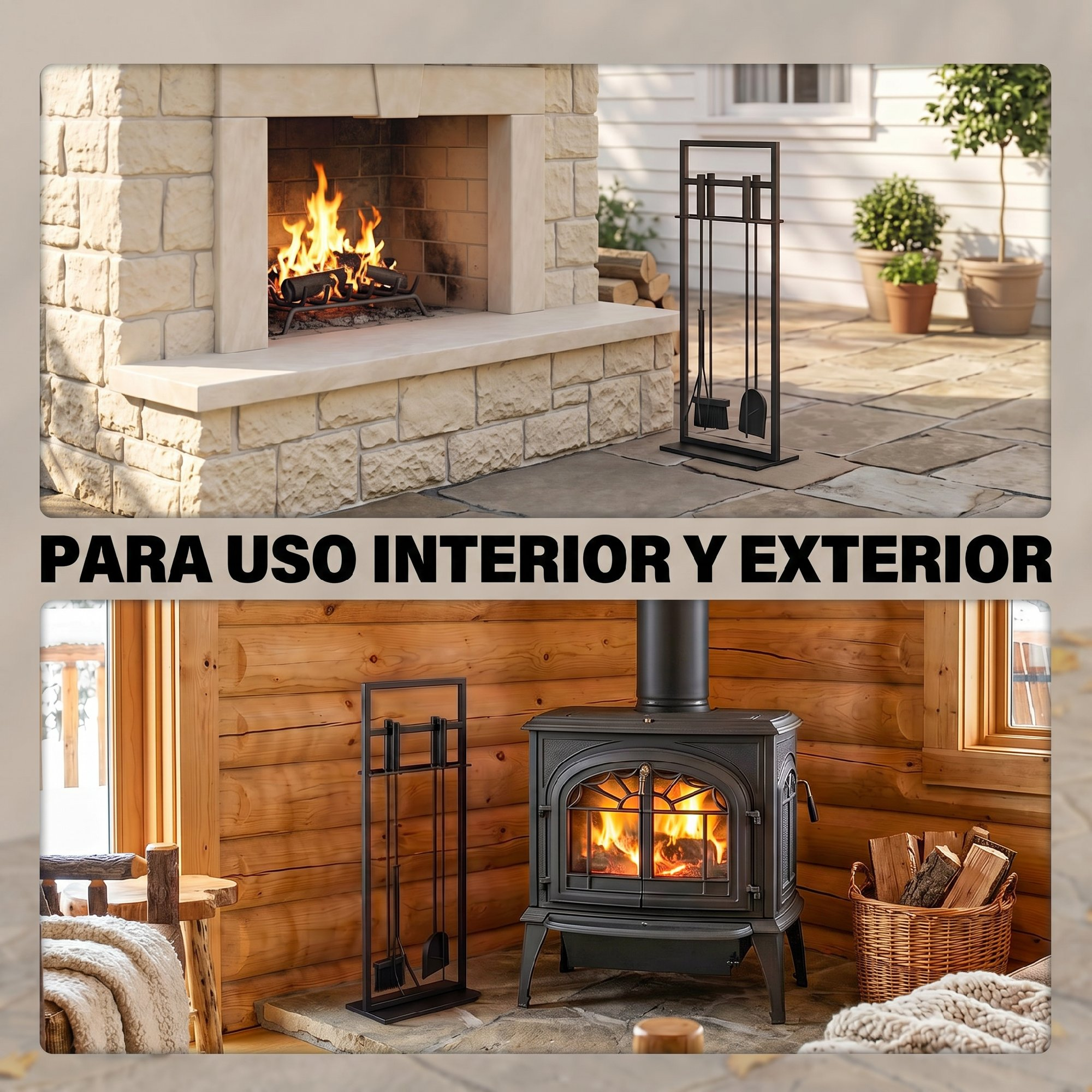 Una chimenea exterior con llamas y un juego de chimenea afuera, abajo hay una estufa de leña en una cabaña.