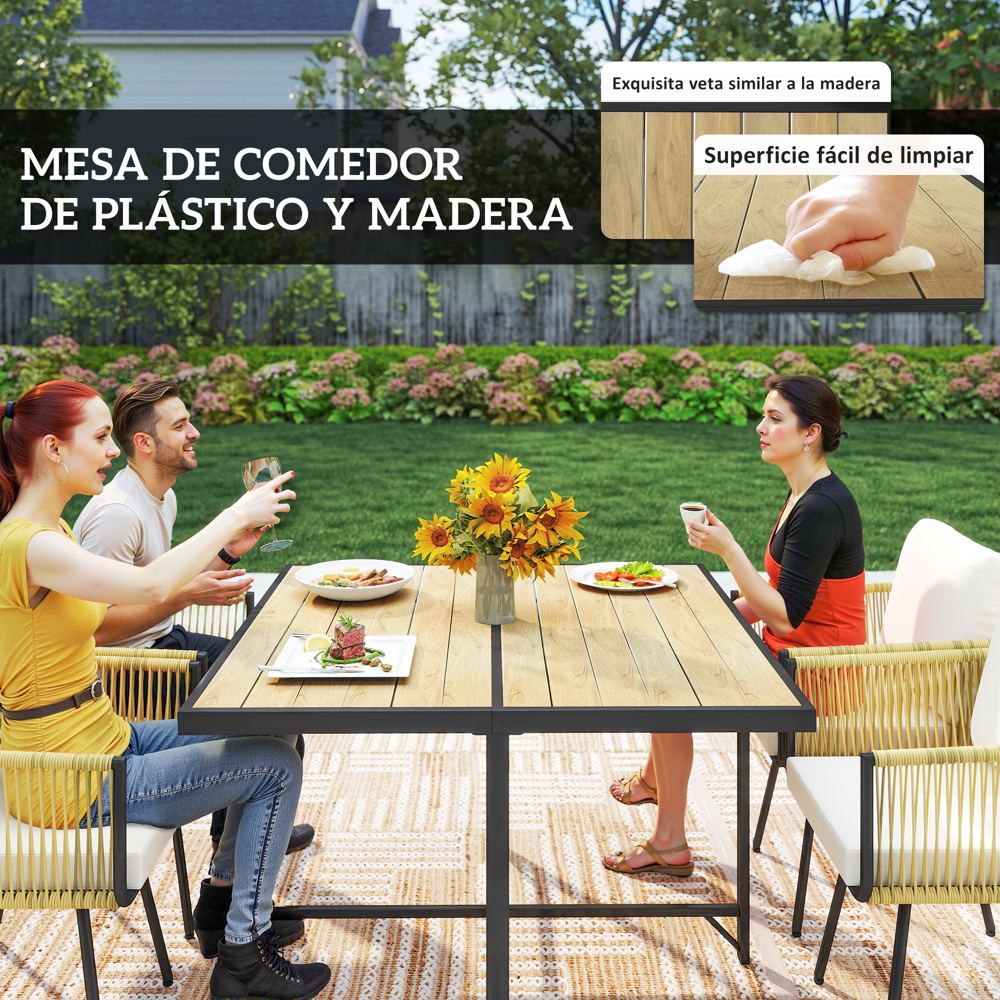 Tres personas cenan en una mesa de madera al aire libre, con textos e inserciones que destacan características.