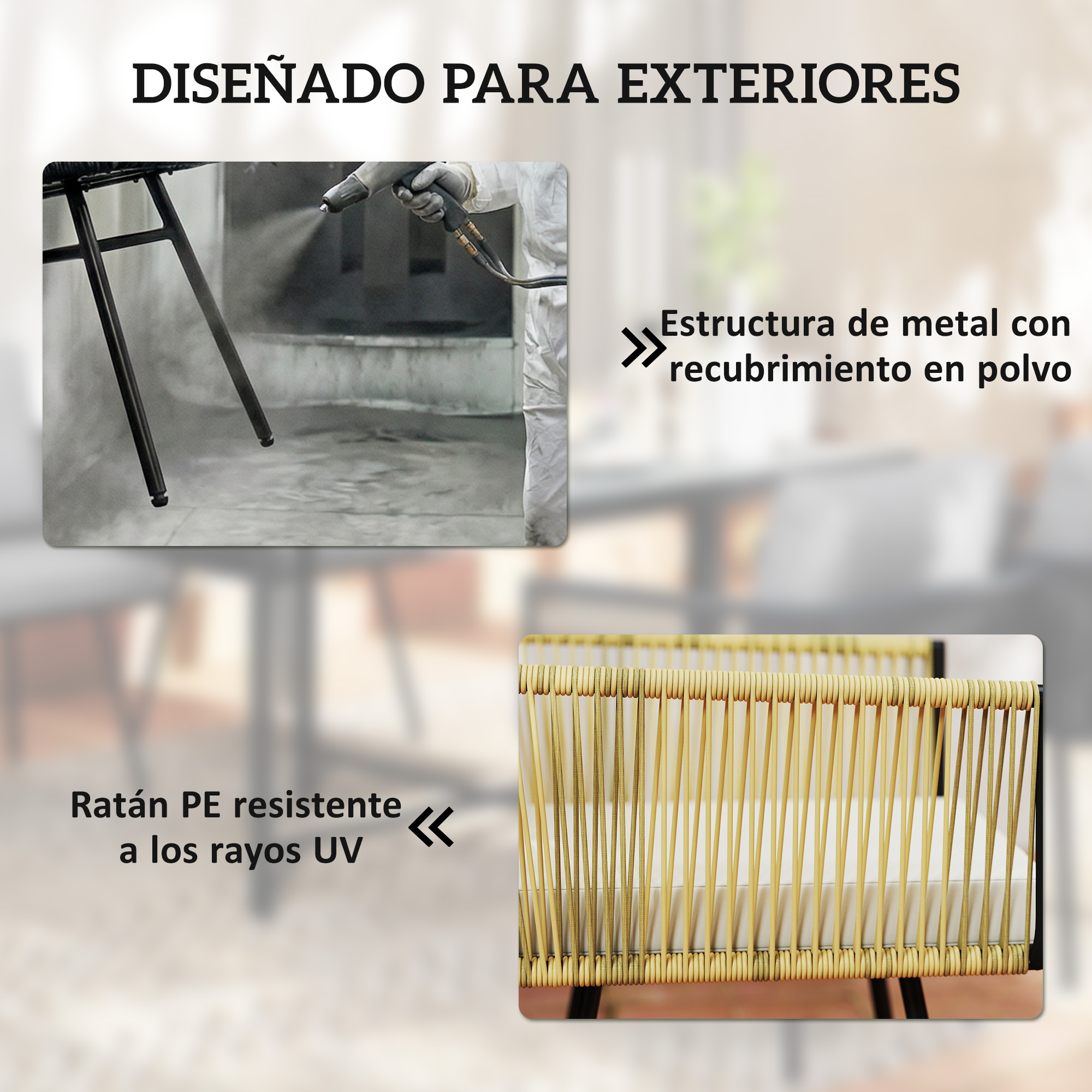 Muebles de exterior con estructura de metal con recubrimiento en polvo y ratán PE.