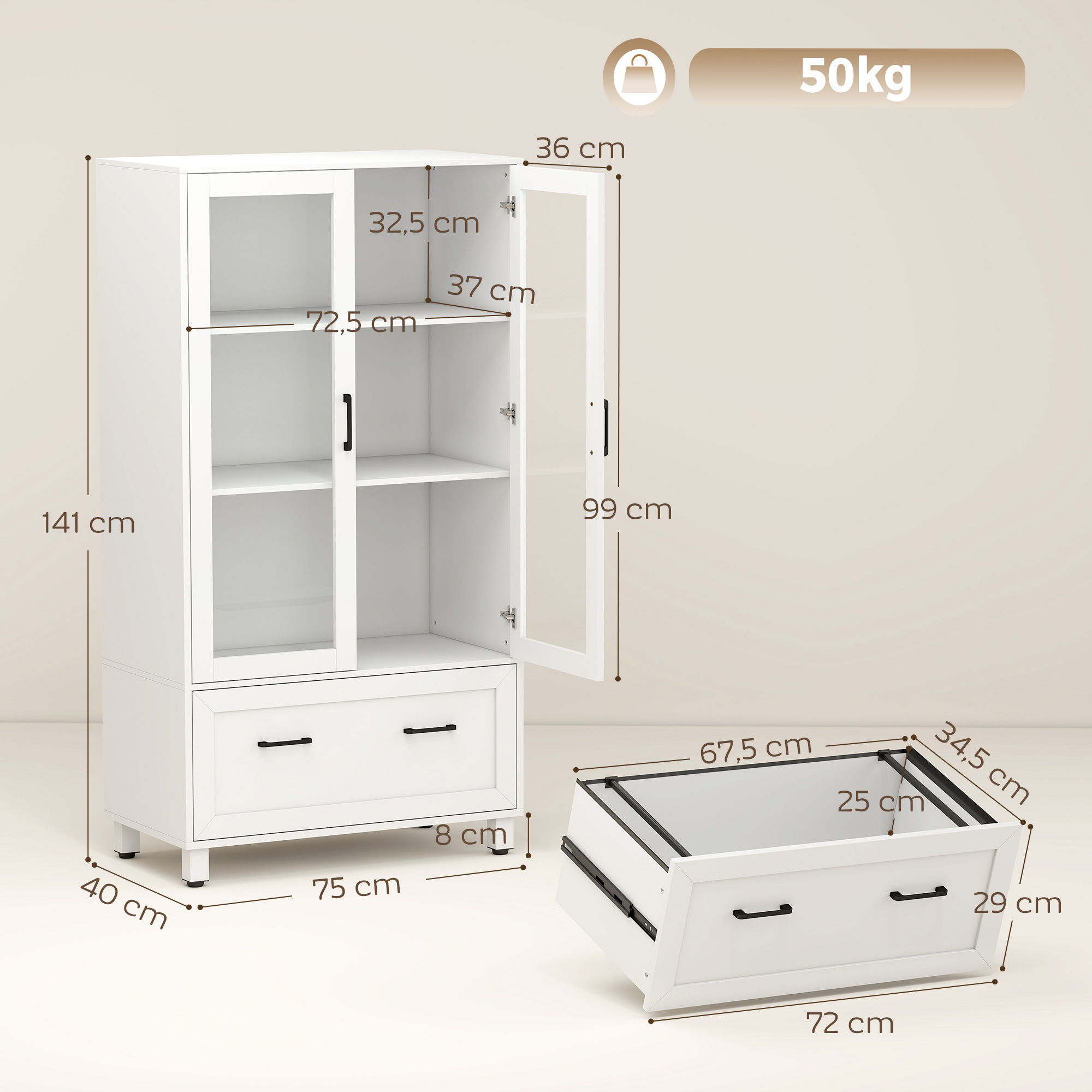 Archivador blanco con puertas de cristal, cajón y dimensiones.