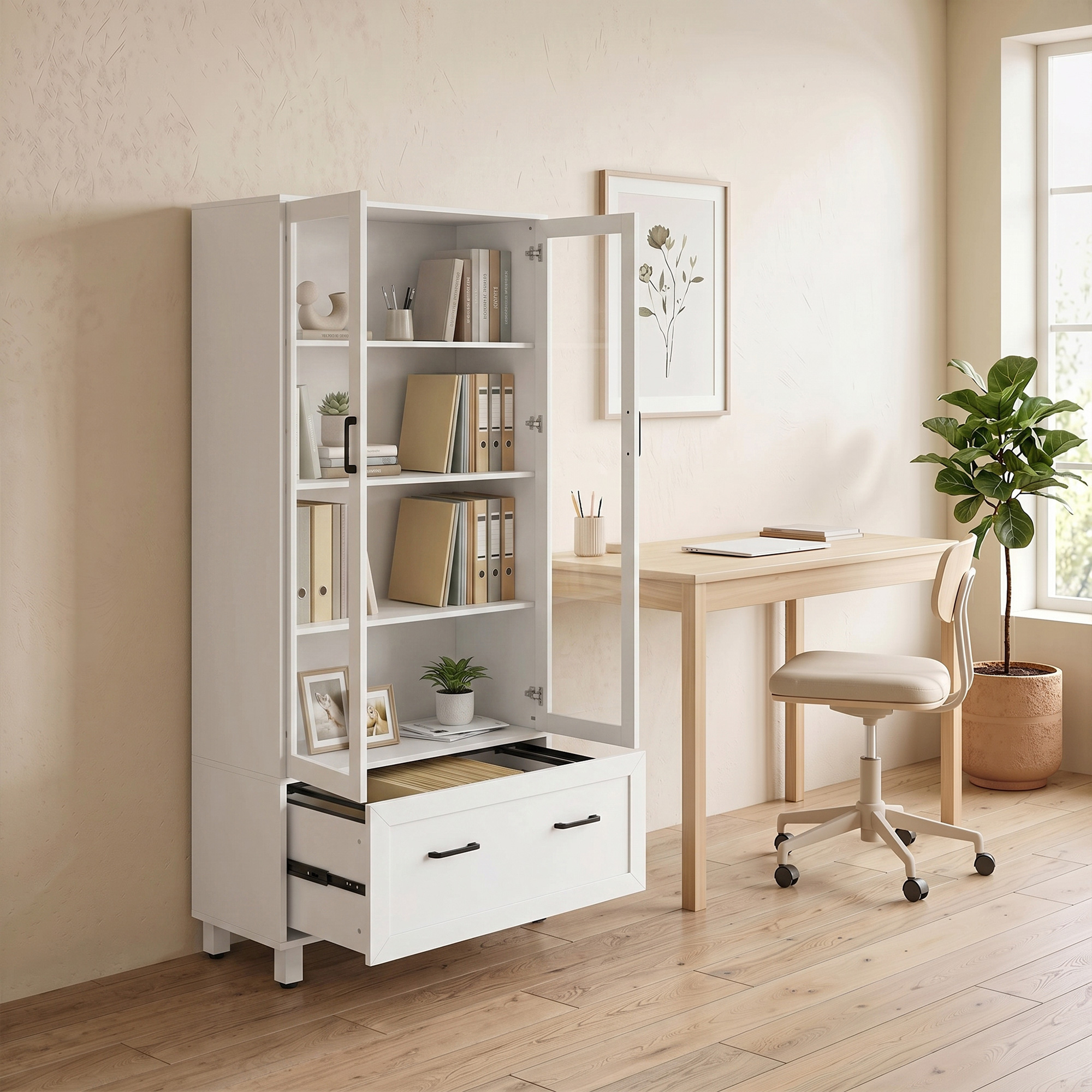 Armario de cristal blanco con puertas abiertas, cajón inferior, junto a escritorio de madera, silla y planta.