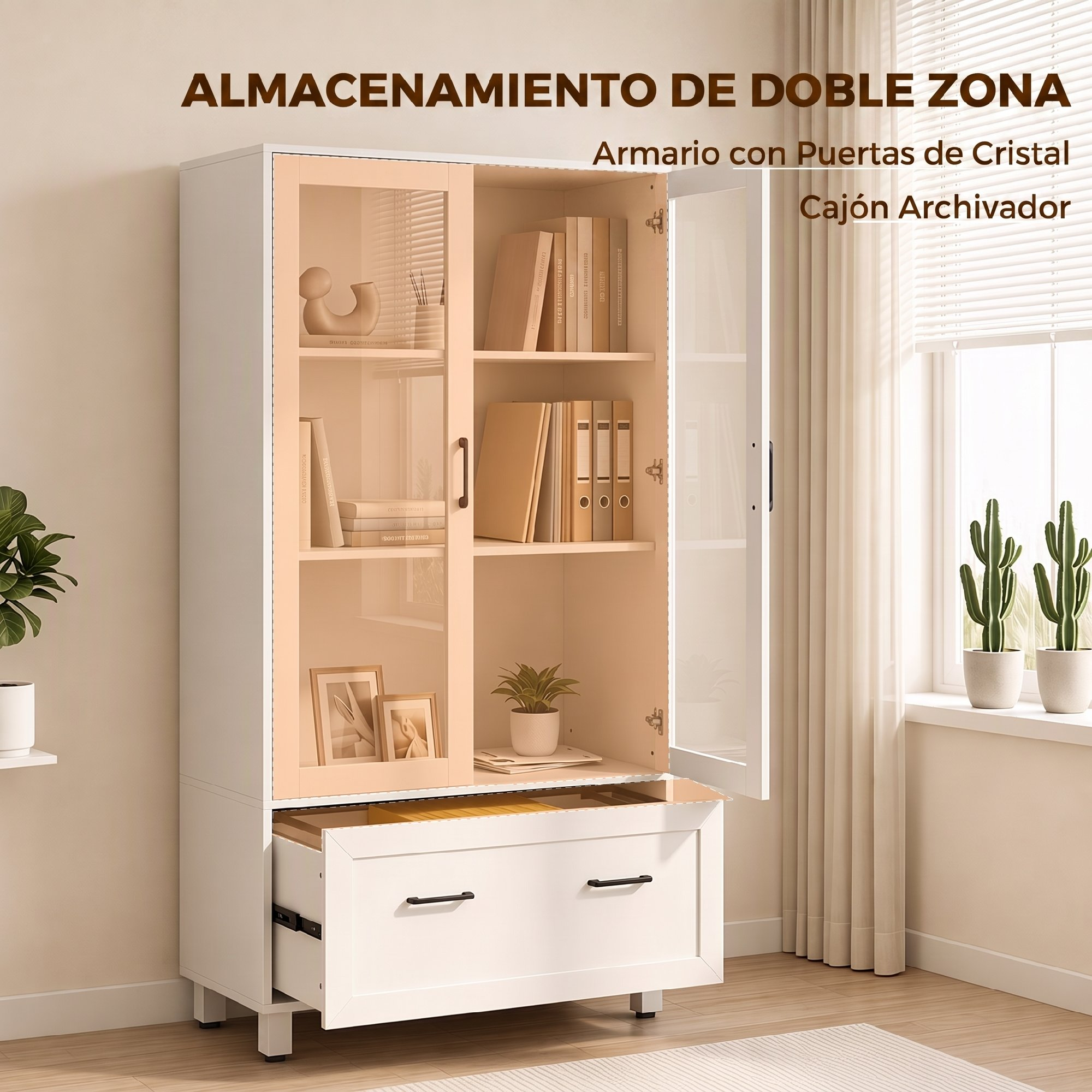 Armario blanco con puertas de cristal, estantes y un gran cajón inferior en una habitación luminosa.