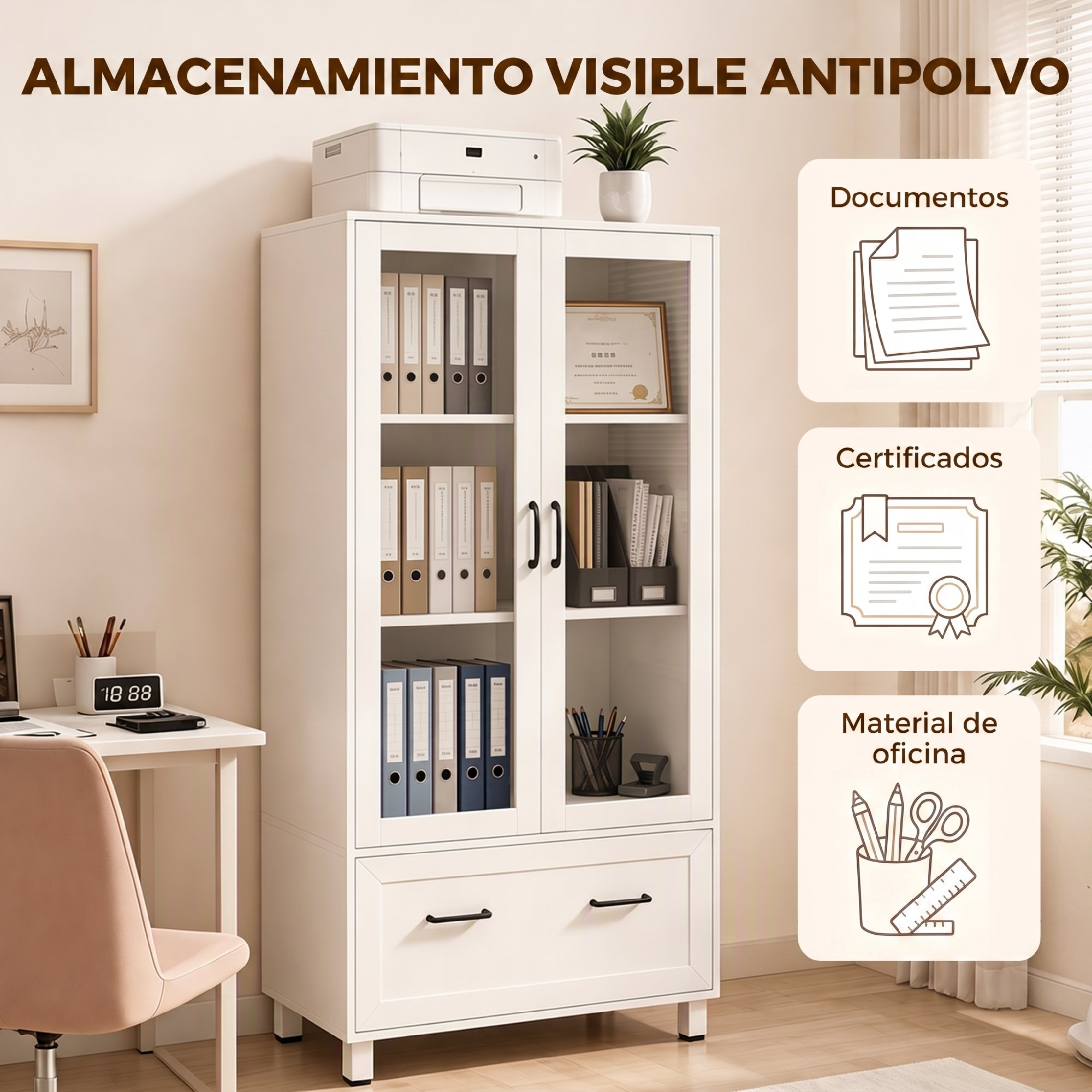 Armario blanco con puertas de cristal y cajón inferior, lleno de archivadores y material de oficina.
