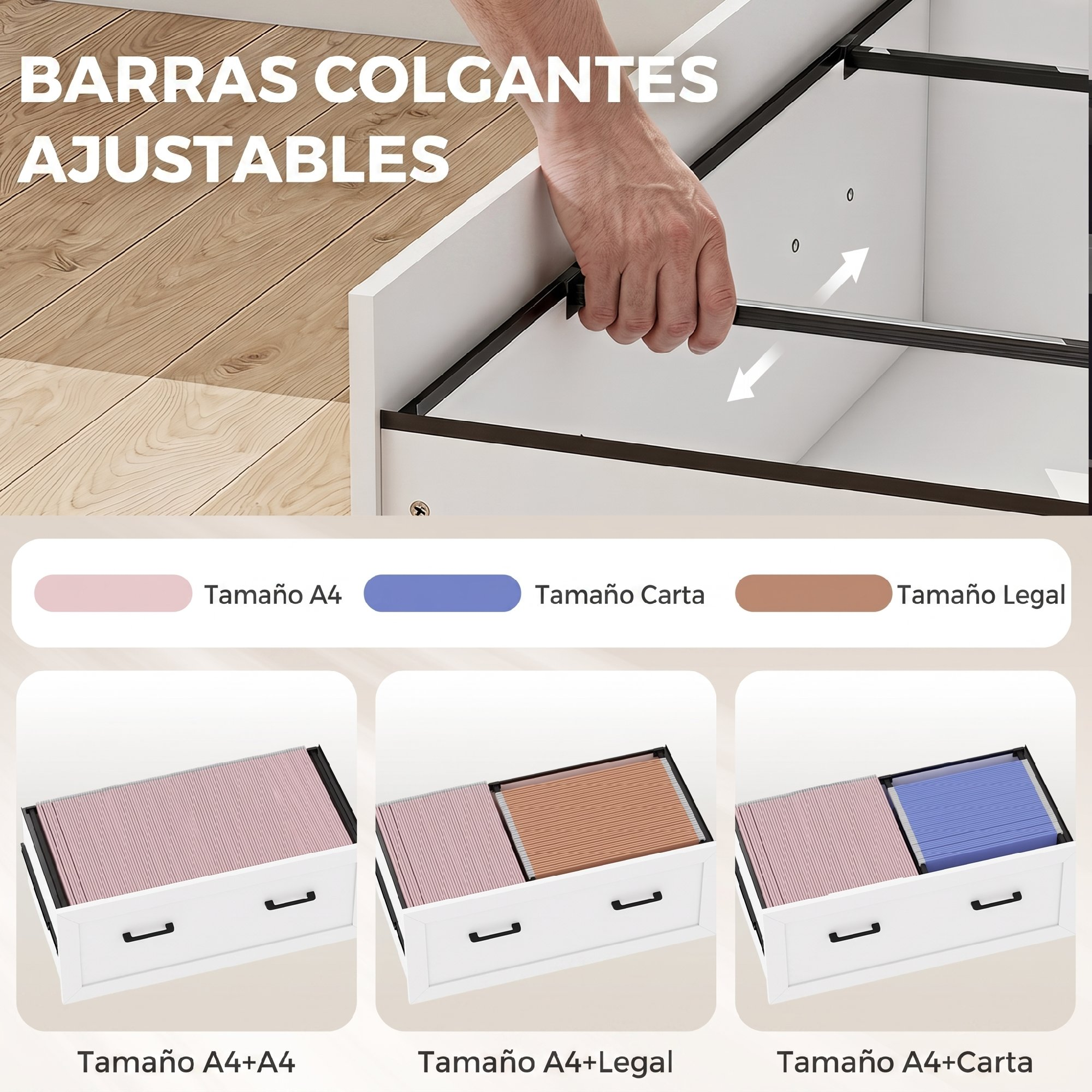 Mano ajustando barras colgantes en un cajón blanco, con tres opciones abajo mostrando tamaños de papel.