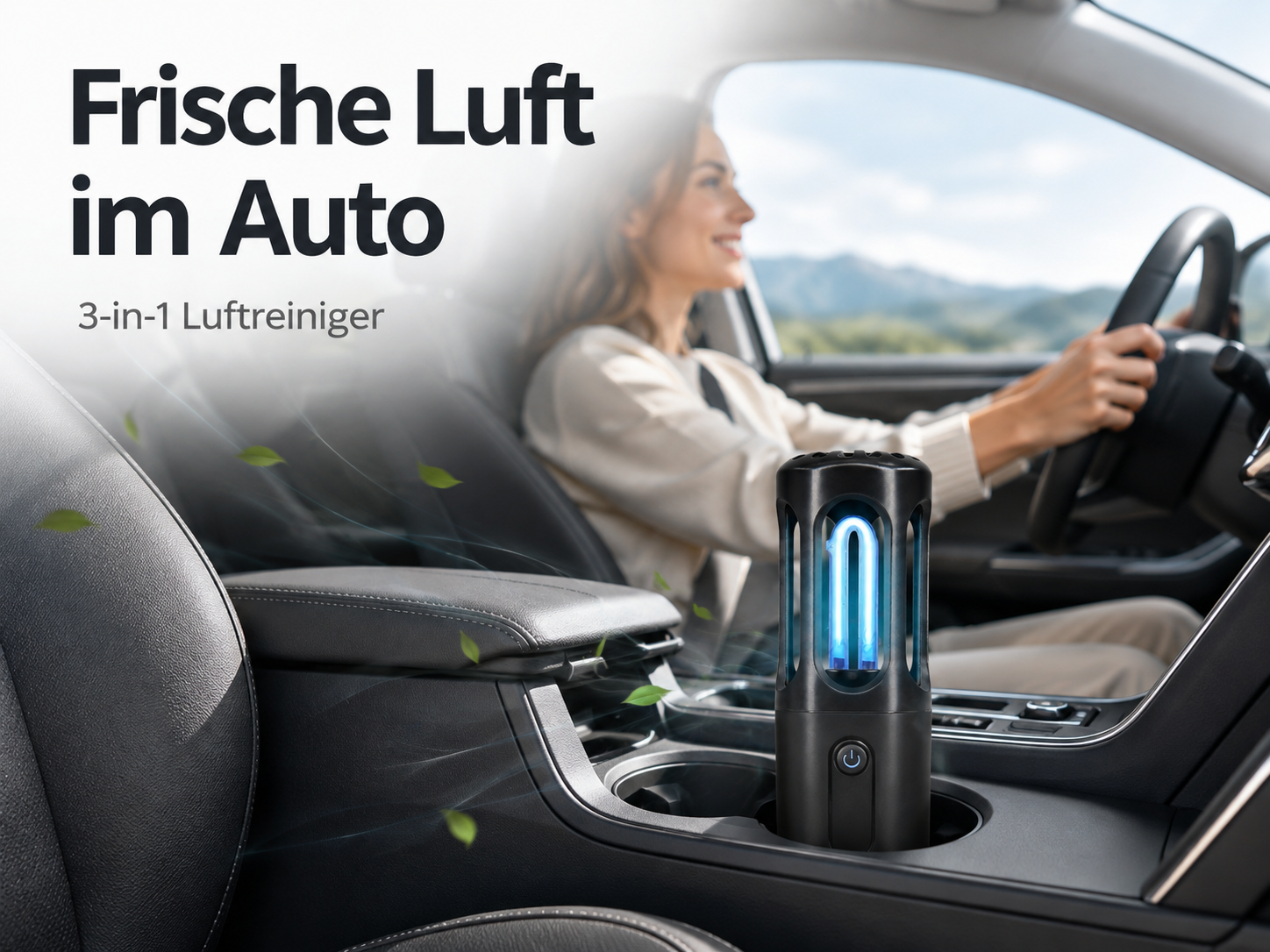 Ein schwarzer Luftreiniger mit blauem Licht steht in der Becherhalterung eines Autos, während eine Frau fährt.