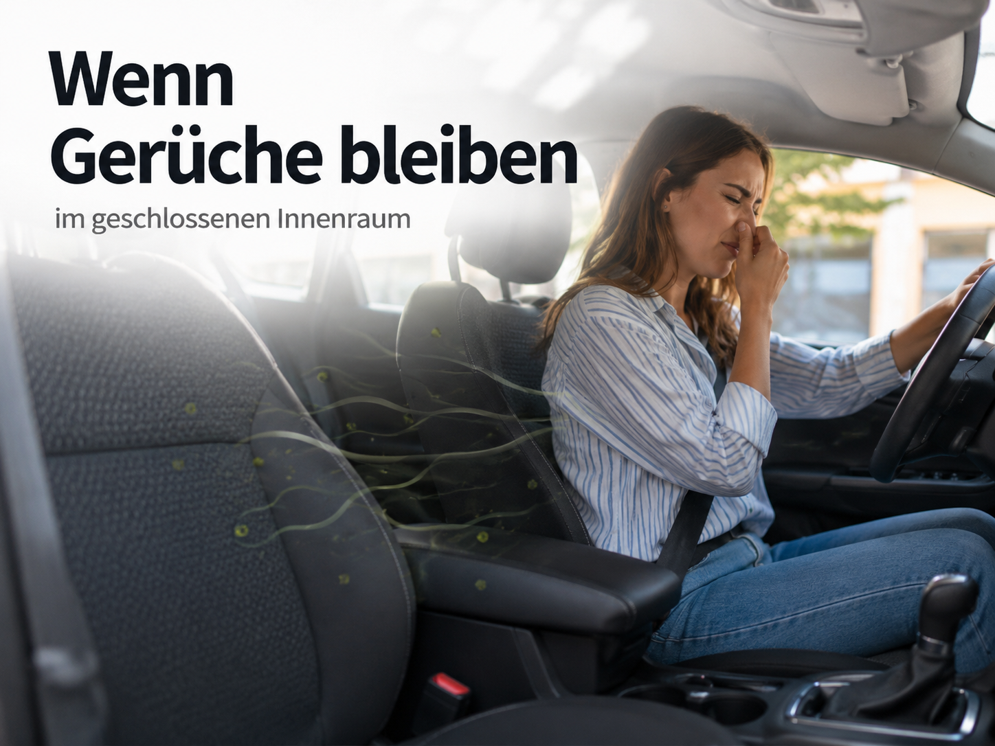Eine Autofahrerin hält sich wegen unangenehmer Gerüche die Nase zu, mit deutschem Text.