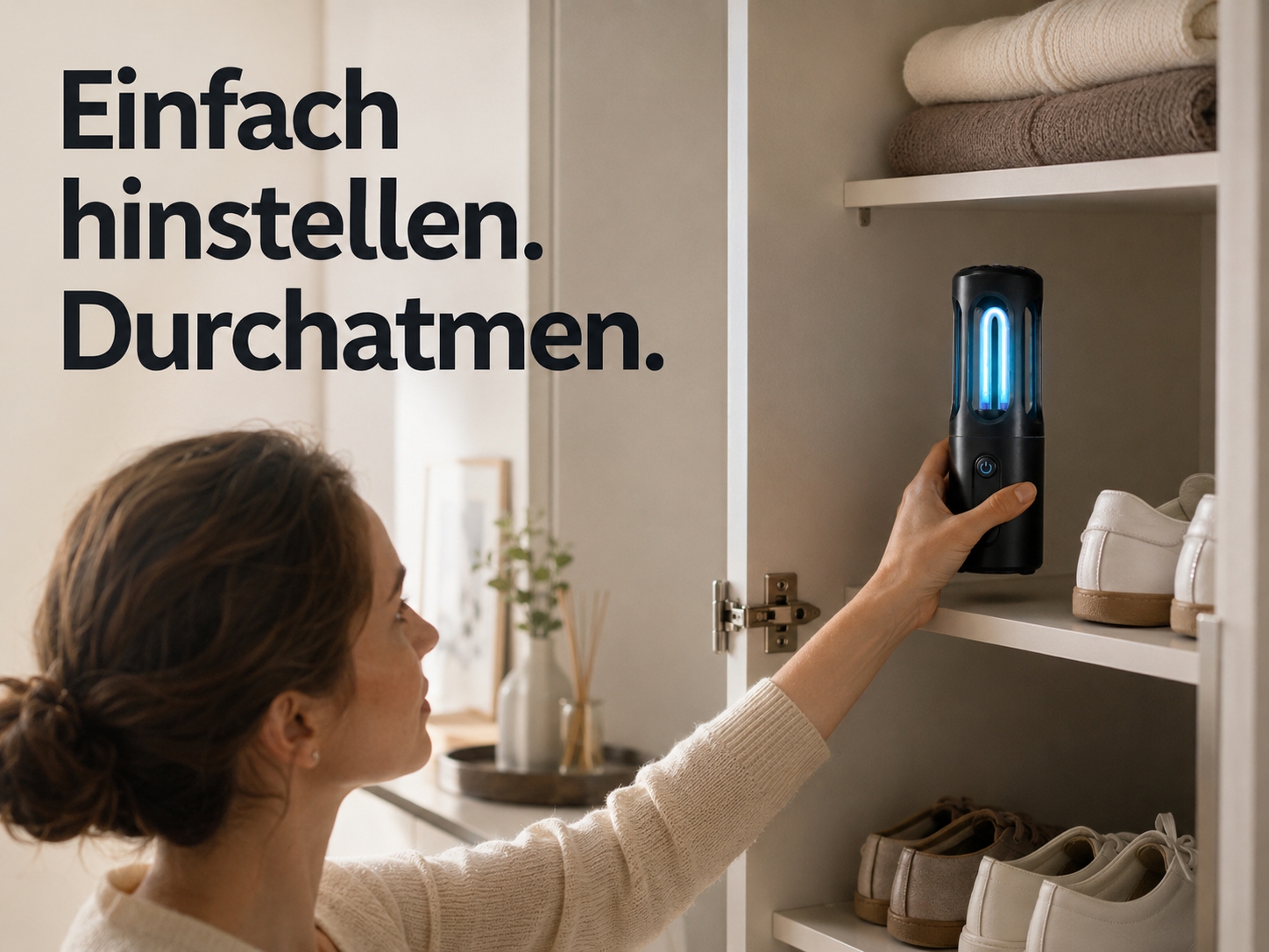 Eine Frau stellt ein schwarzes UV-Desinfektionsgerät mit blauem Licht in einen Schuhschrank.