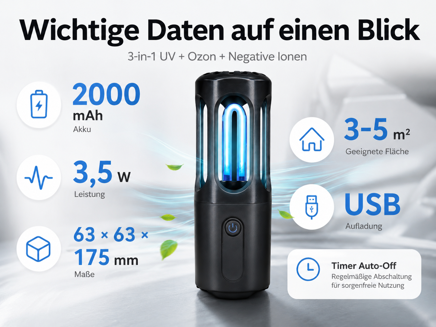 Schwarzes 3-in-1 UV-Gerät mit technischen Daten wie 2000 mAh Akku und USB-Aufladung.