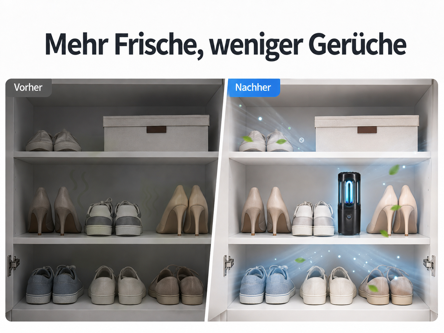Vergleich eines Schuhschranks vor und nach der Anwendung eines Deo-Geräts mit strahlendem Licht.
