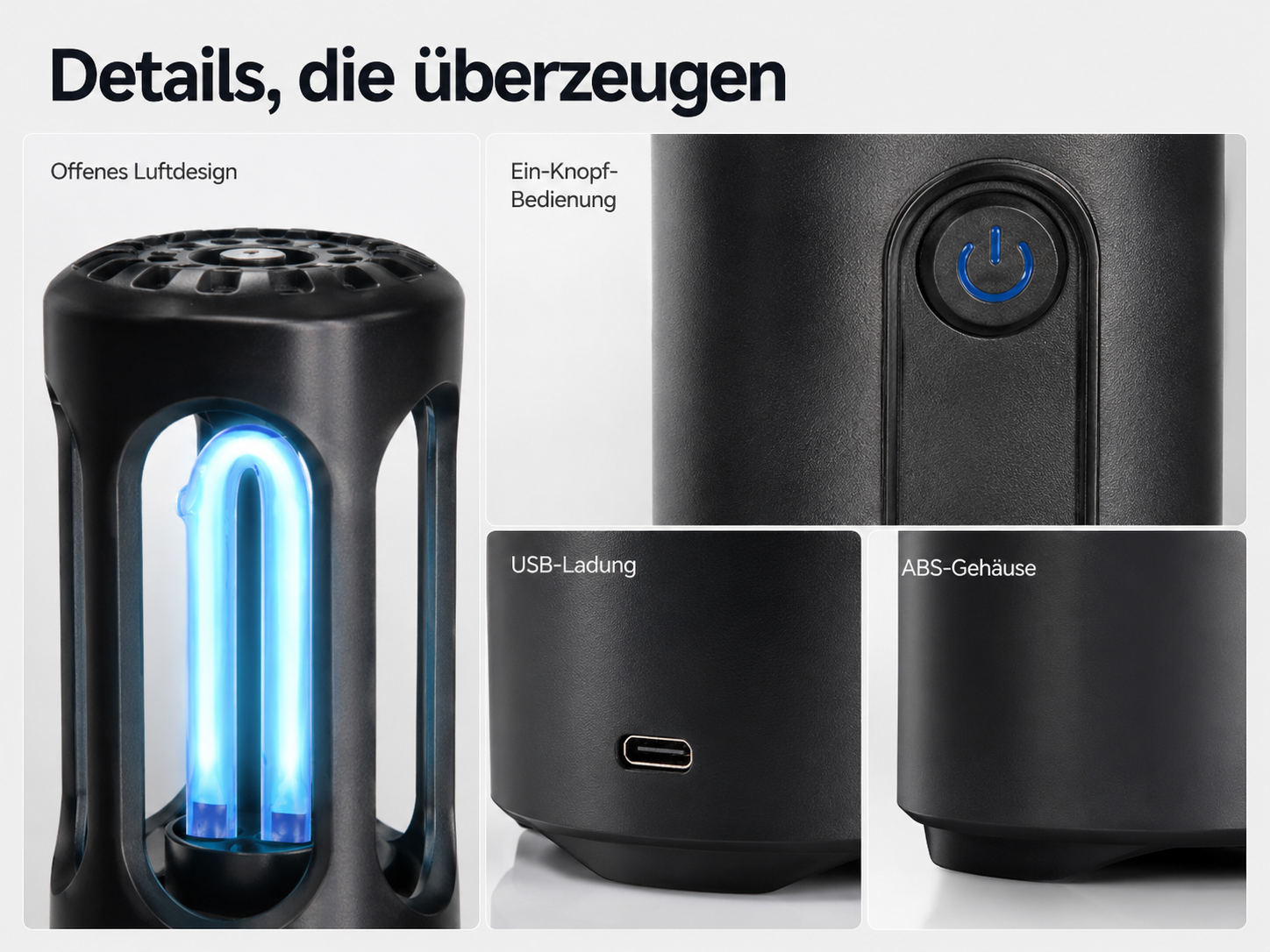 Produktmerkmale eines schwarzen Geräts: offenes Luftdesign, Ein-Knopf-Bedienung, USB-Anschluss und ABS-Gehäuse.