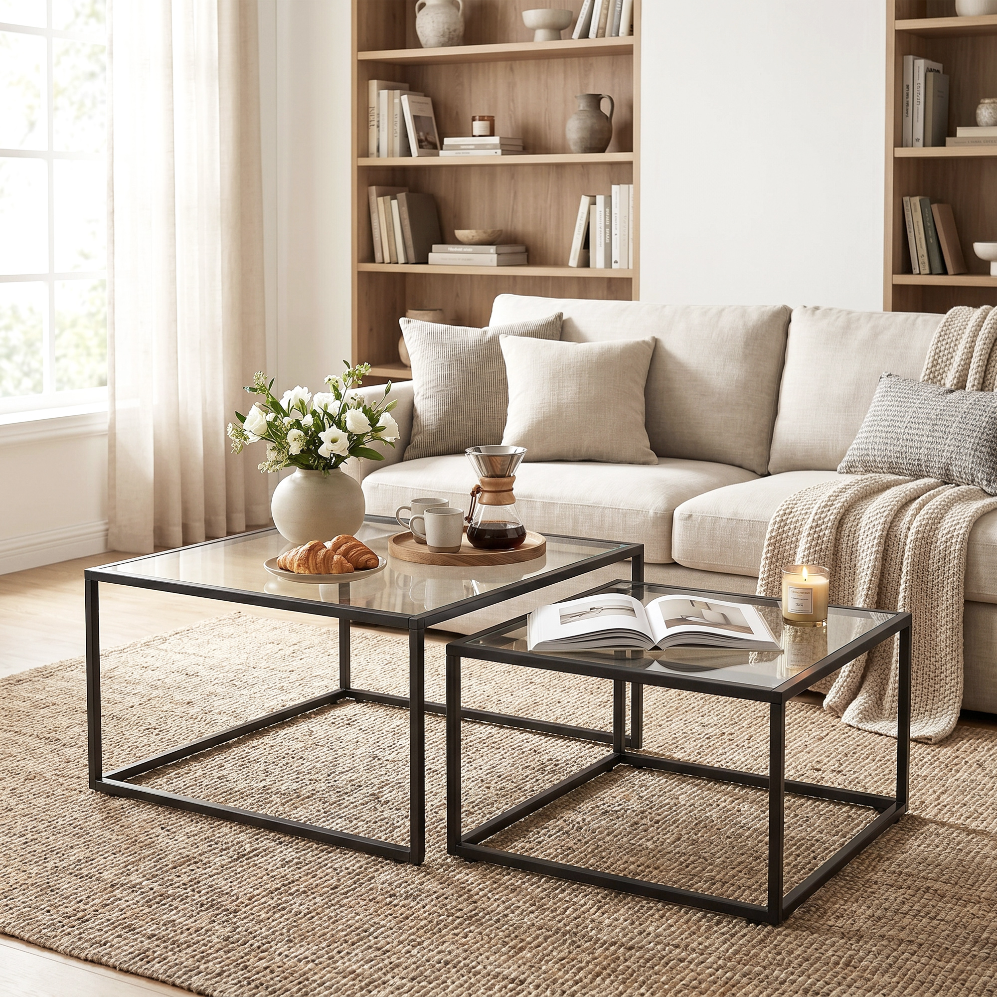 Una sala de estar acogedora con mesas de centro de cristal, sofá beige, flores, cafetera y estanterías de madera.