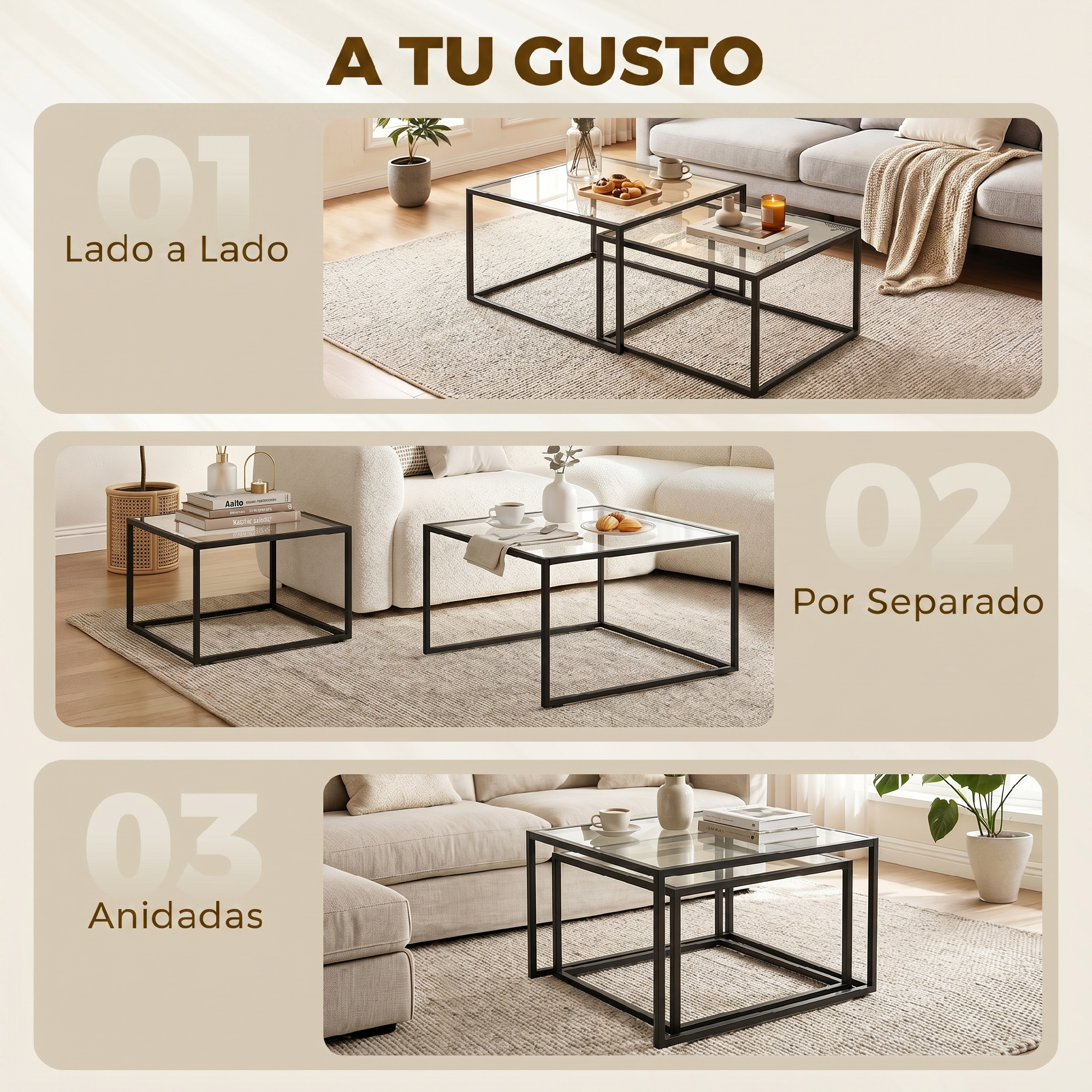 Tres paneles muestran mesas de centro de cristal organizadas lado a lado, por separado y anidadas.