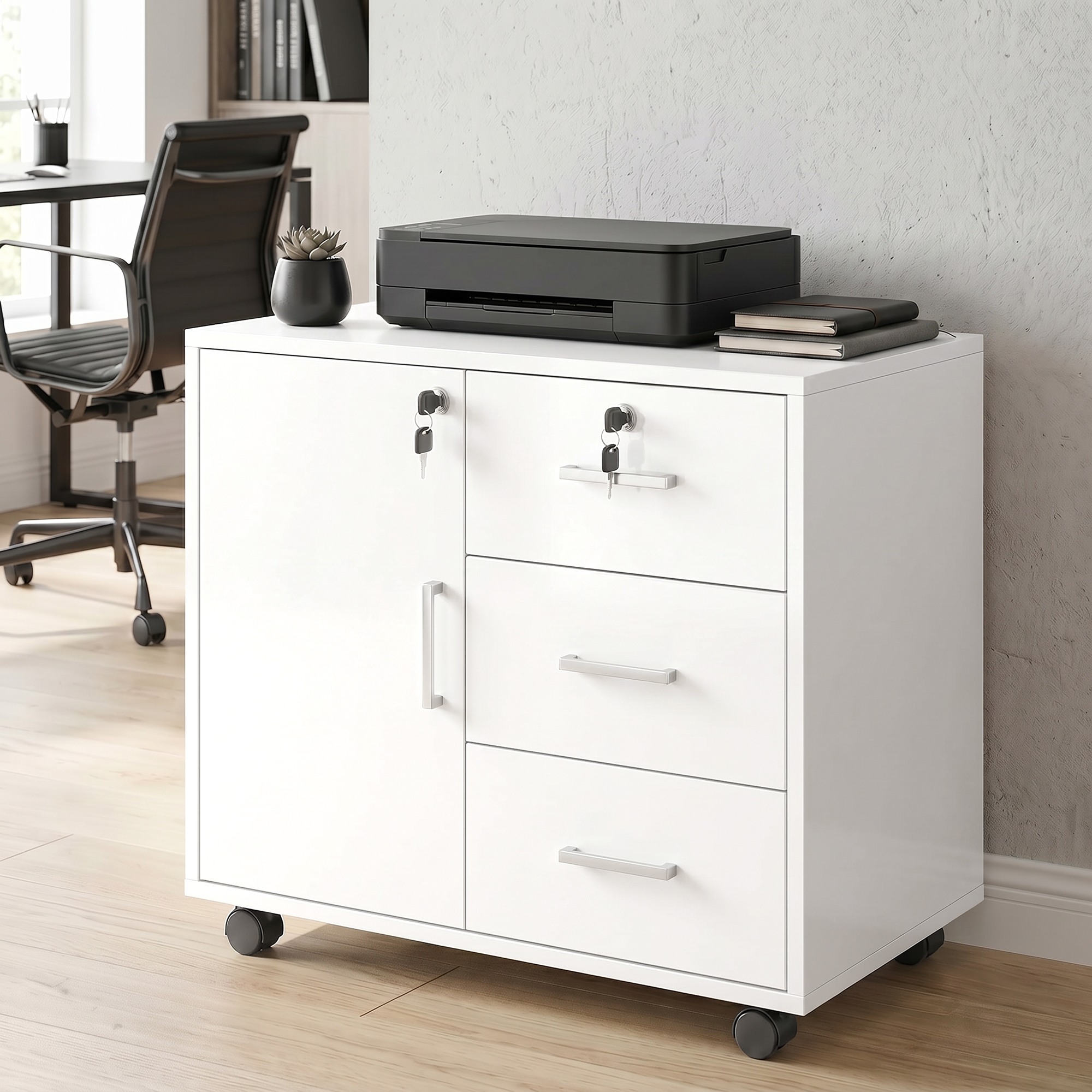 Un archivador blanco con ruedas, una impresora y cuadernos encima, en una oficina con escritorio y silla al fondo.
