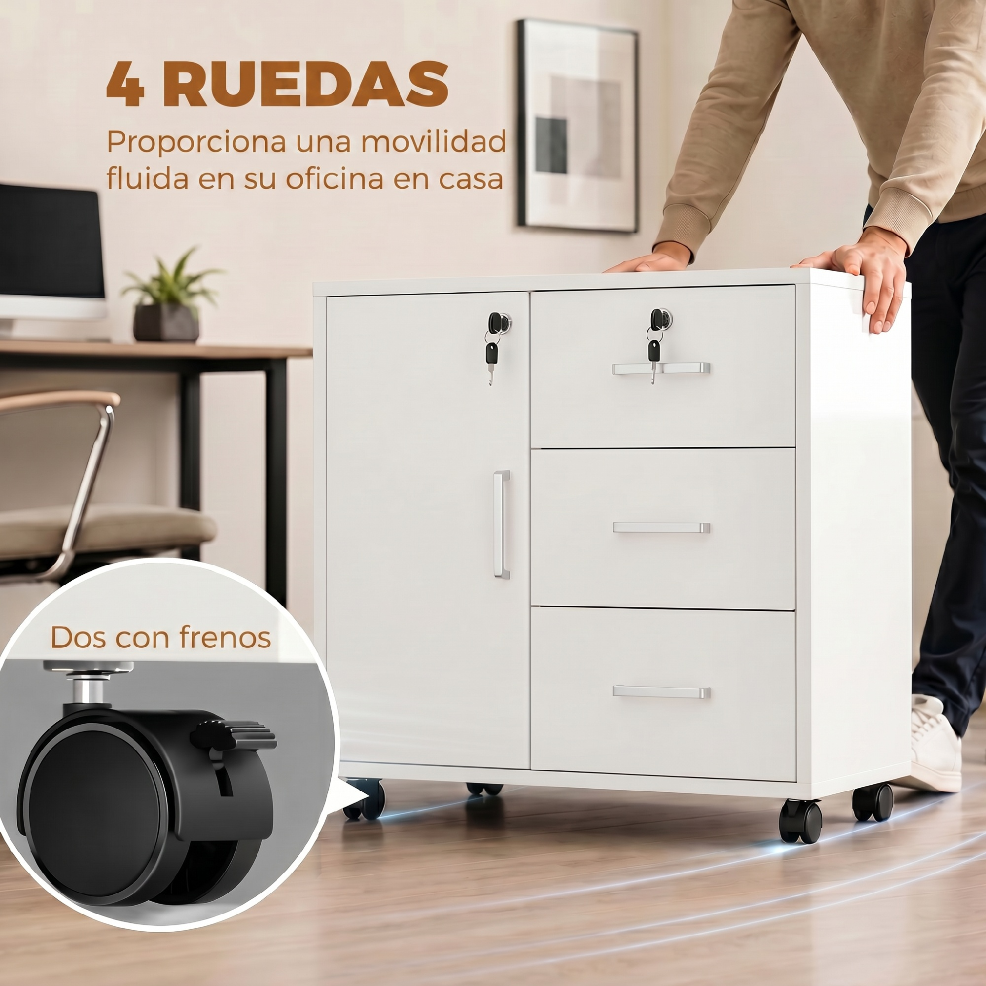 Una persona empuja un archivador blanco con ruedas, cajones y puertas. Un recuadro muestra una rueda con freno.