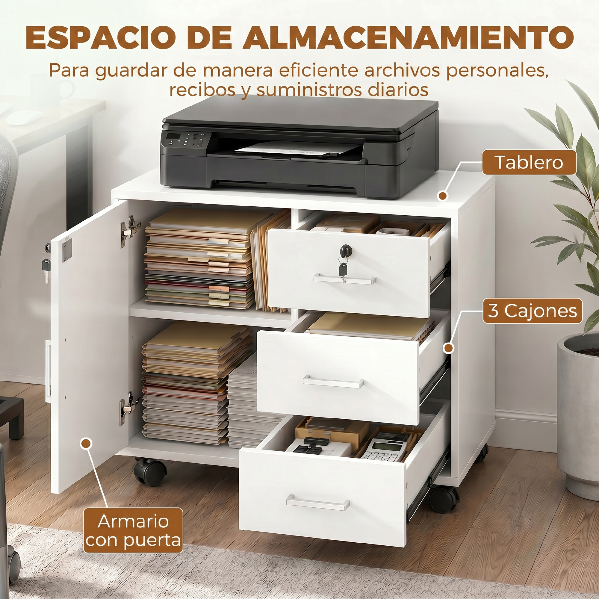 Gabinete de almacenamiento blanco con impresora arriba, archivos y tres cajones.