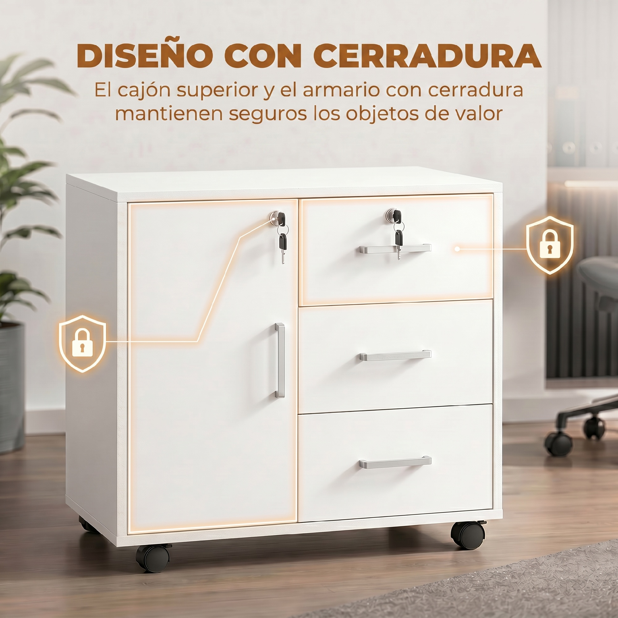 Un archivador blanco con ruedas, tres cajones y una puerta con cerradura y llaves.