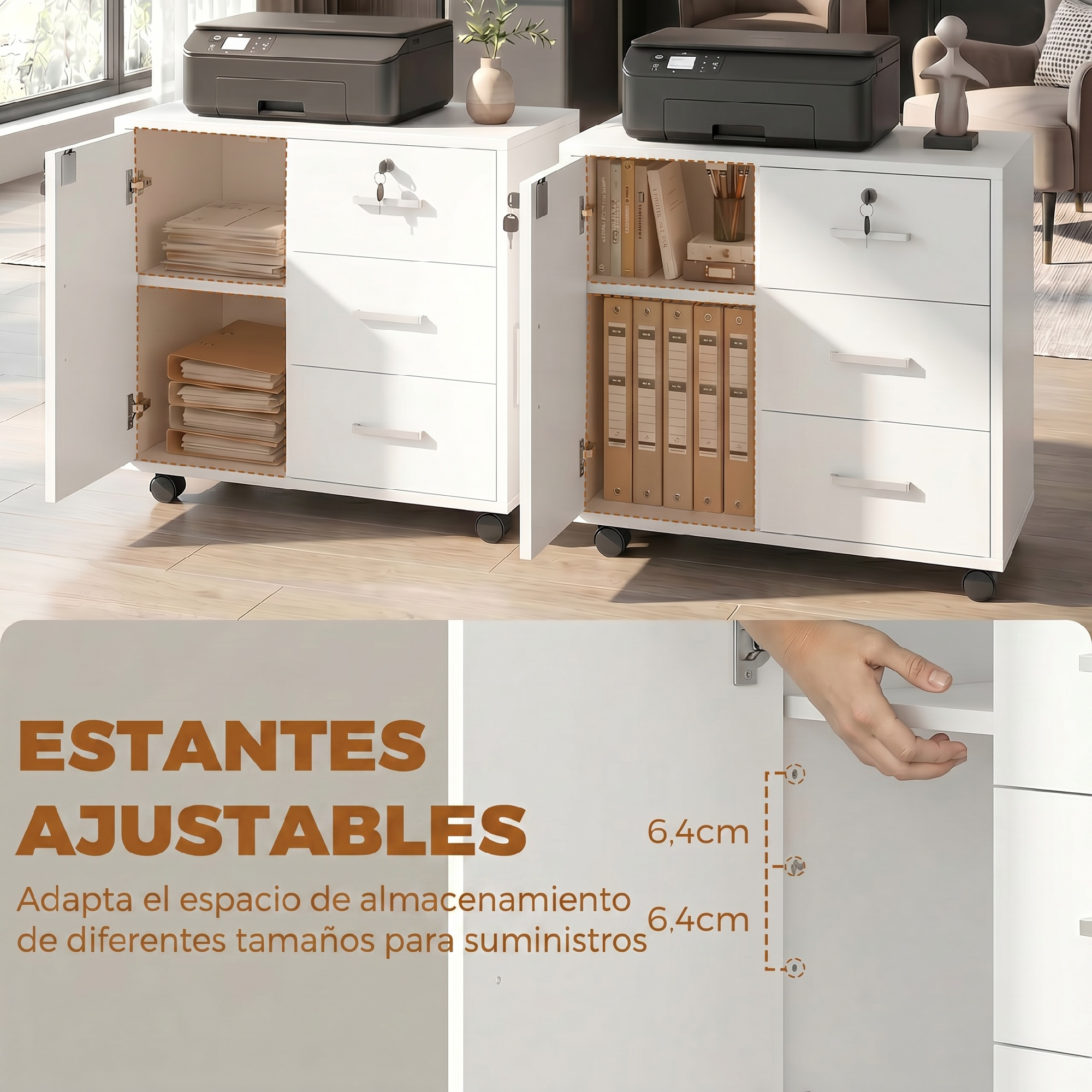 Dos archivadores móviles blancos con estantes ajustables e impresoras encima, llenos de carpetas y papel.