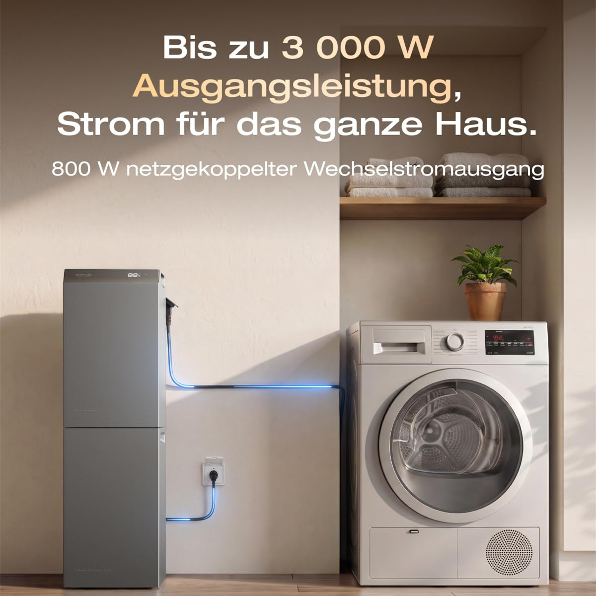 Ein grauer Stromspeicher steht neben einer Waschmaschine in einem Innenraum. Text auf dem Bild wirbt für Solarenergie.