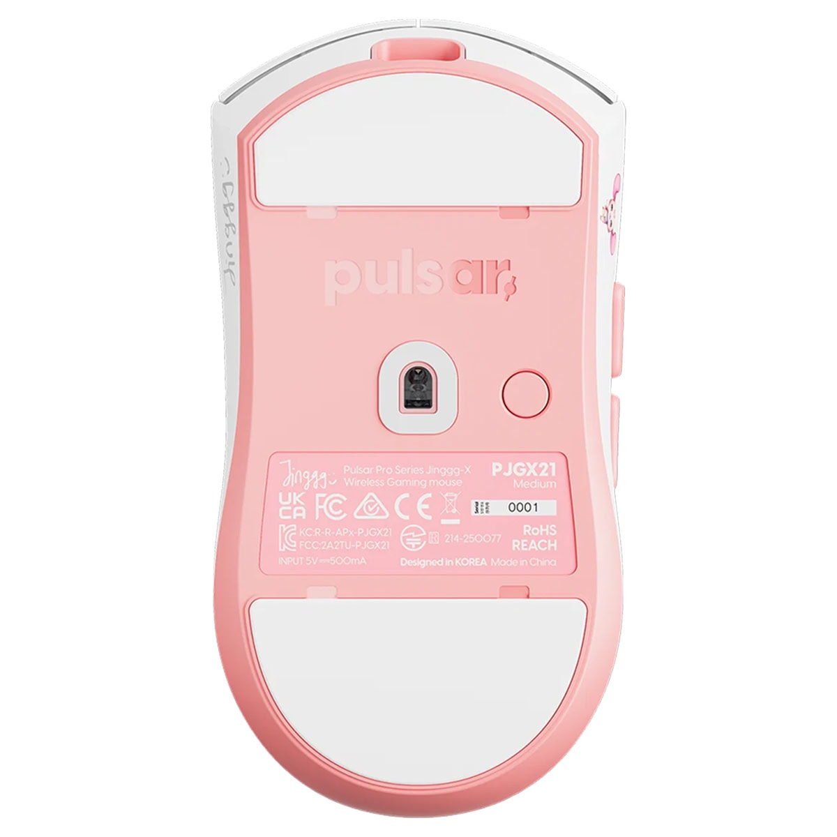 Pembe ve beyaz renkli Pulsar Pro Series Jinggg-X kablosuz oyuncu faresinin alt kısmı.