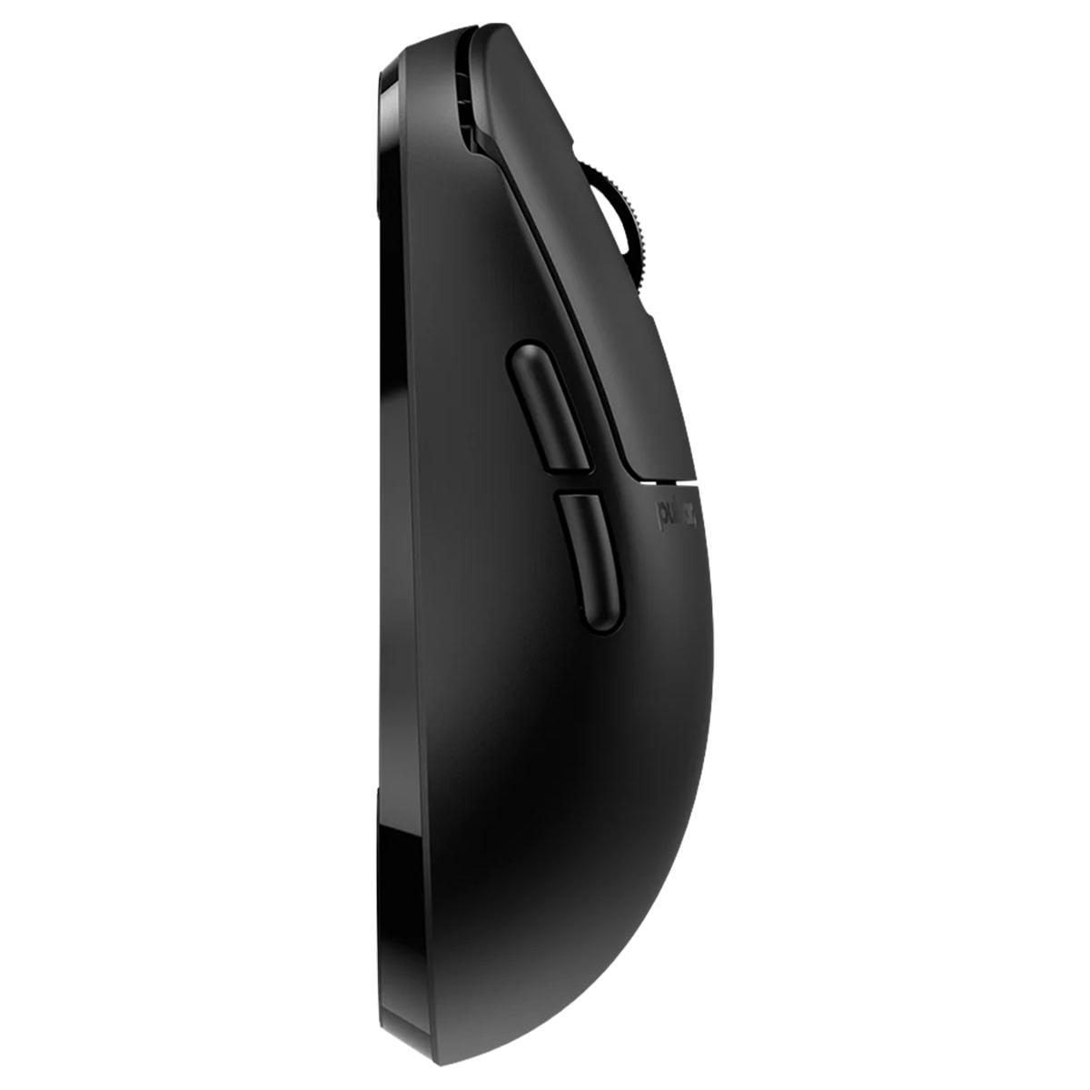 Mat siyah bir bilgisayar faresinin yandaki görünümü, iki yan tuş ve kaydırma tekerleği.