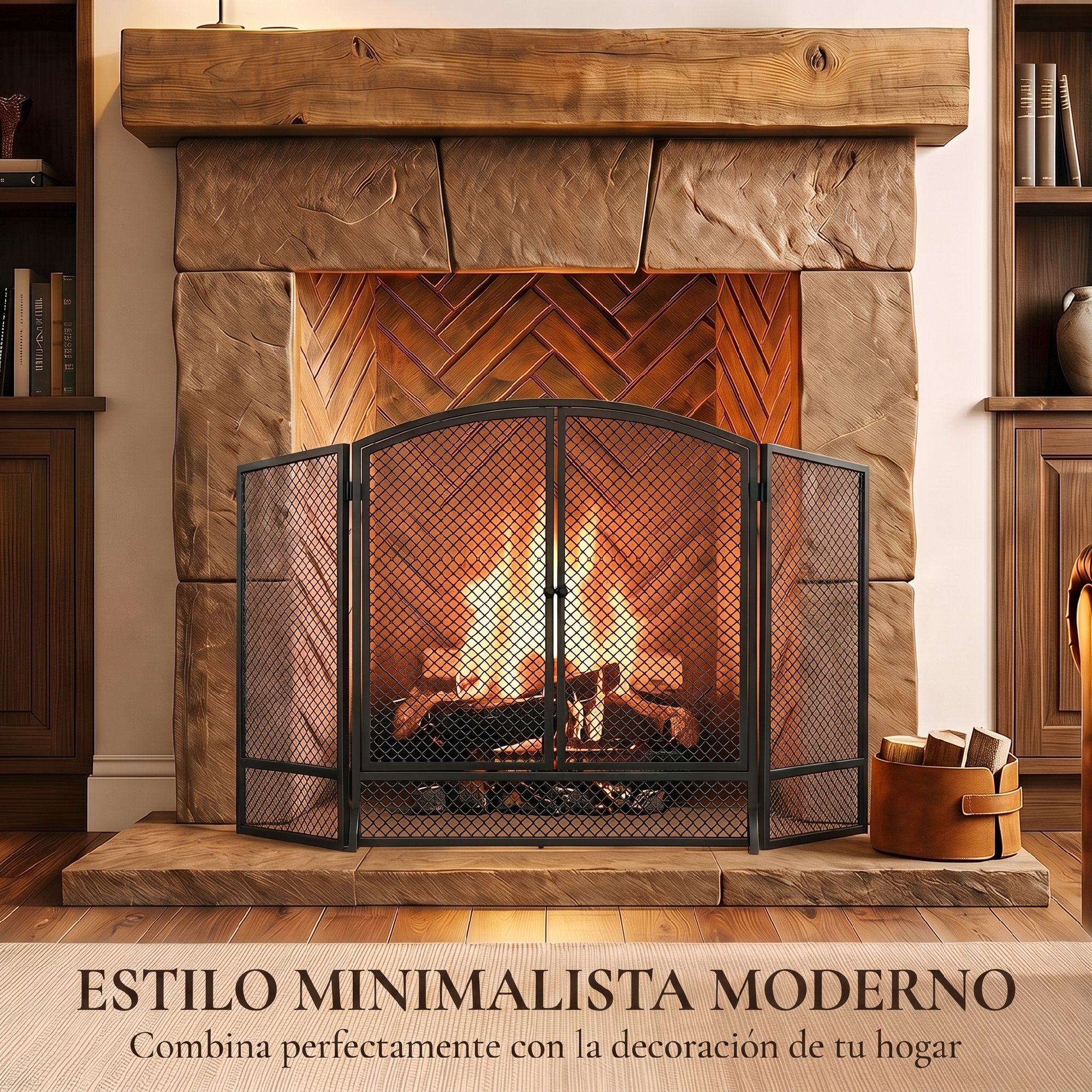 Chimenea de piedra con rejilla negra, fuego de leña y leñero de cuero sobre suelo de madera.