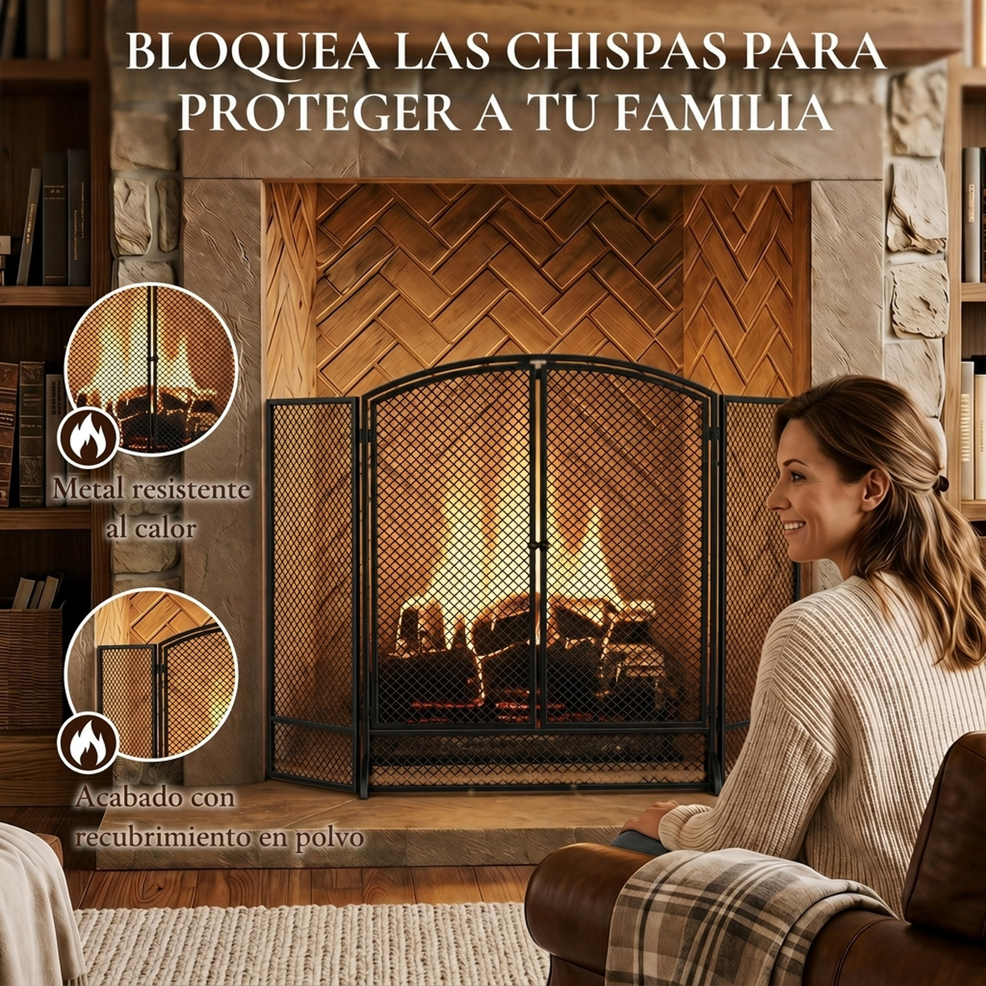 Una mujer se sienta junto a una chimenea con rejilla de metal.