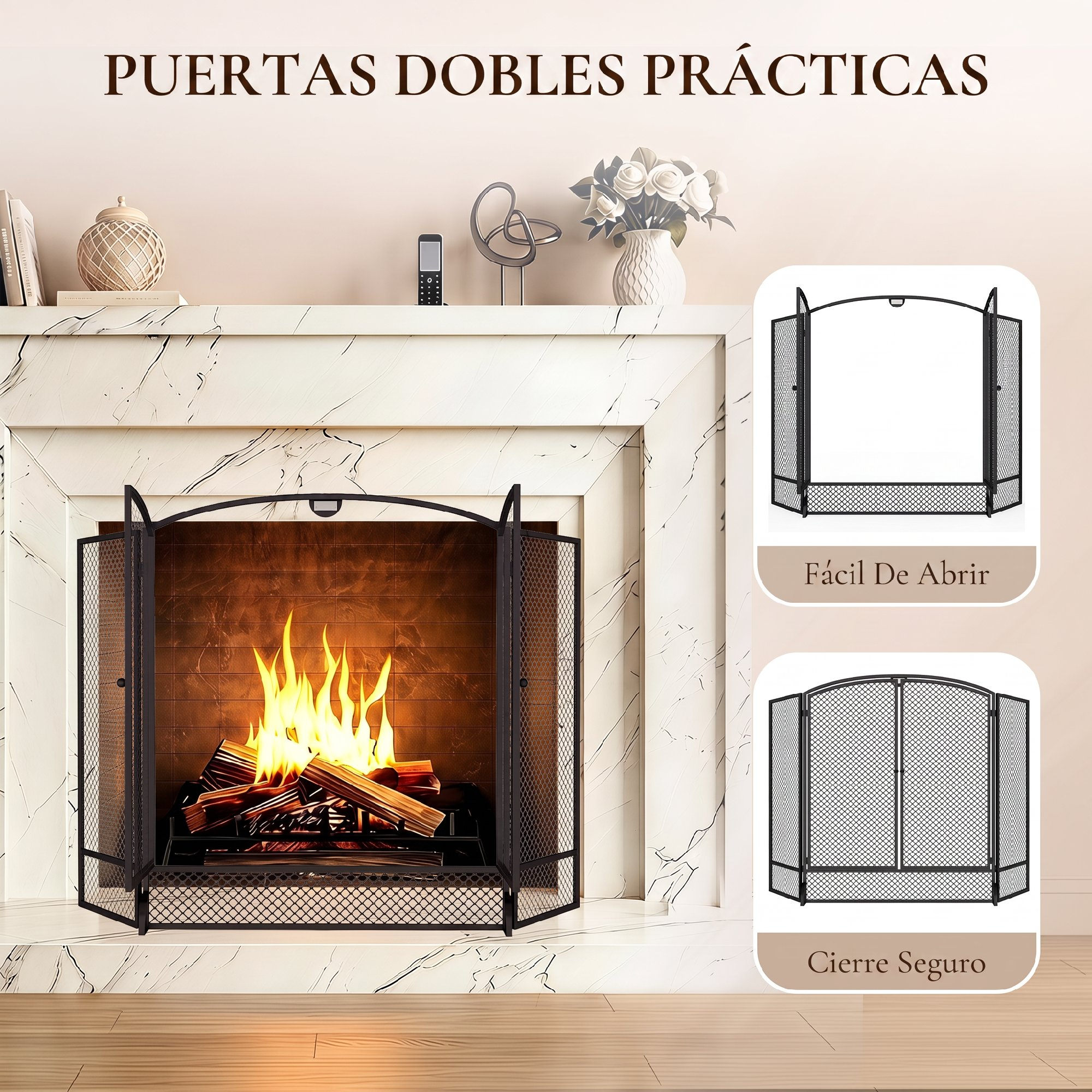Chimenea con repisa de mármol, troncos encendidos y pantalla de metal negro, con dos recuadros que muestran puertas abiertas y cerradas.