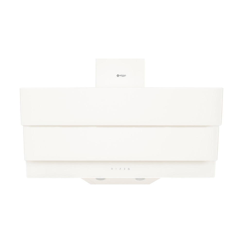 A modern white kitchen range hood featuring a tiered rectangular design and control buttons.