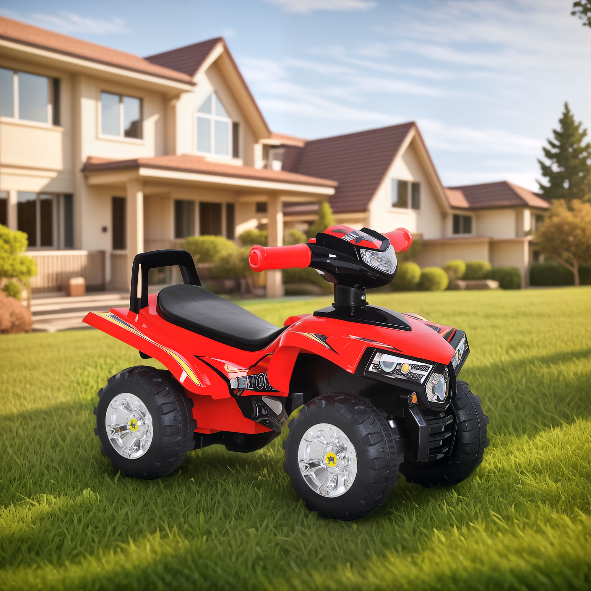 Un quad giocattolo rosso su un prato verde davanti a una grande casa con tetto marrone.